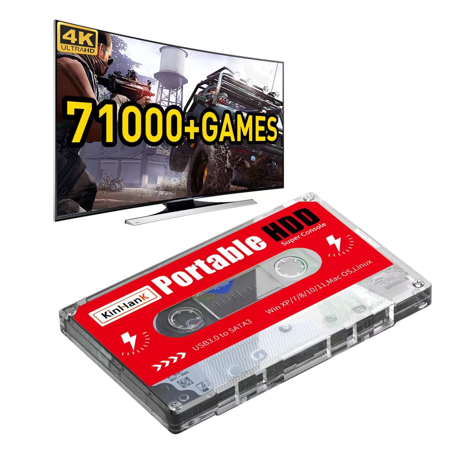 Kinhank 2T Retro Game Console with 71000+Games,HDD External Hard Drive for Laptop/PC/Windows/Mac OS,Video Game Consoles Compatible with PS1/PSP/DC/...