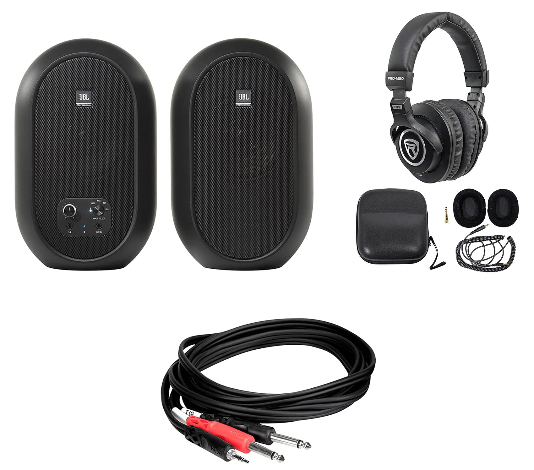 JBL 104SET-BT Pair Active Studio Monitors Bundle with Hosa CMP-159 TRS to TS Cable and Rockville PRO-M50 Studio Headphones