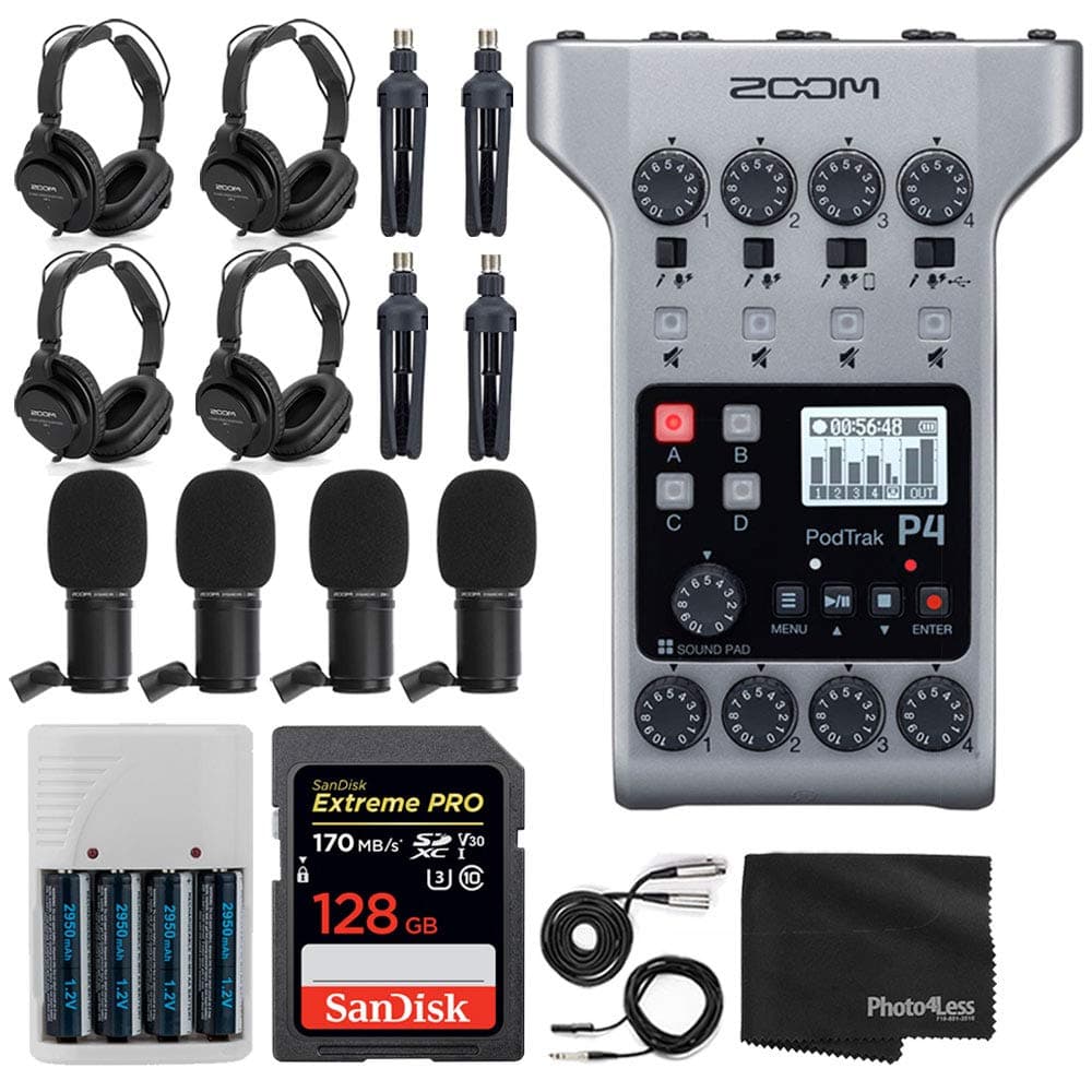 Zoom PodTrak P4 Portable Multitrack Podcast Recorder + 4x Zoom M-1 Mic + 4x Headphones + 4x Tabletop Stand + 128GB Extreme PRO SDXC Memory Card + A...