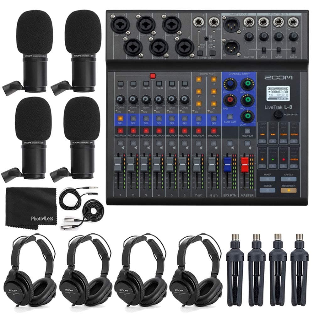 Zoom LiveTrak L-8 Portable 8-Channel Digital Mixer and Multitrack Recorder + 4x Zoom ZDM-1 Mic with Headphones, Windscreens and Stands + Cleaning C...