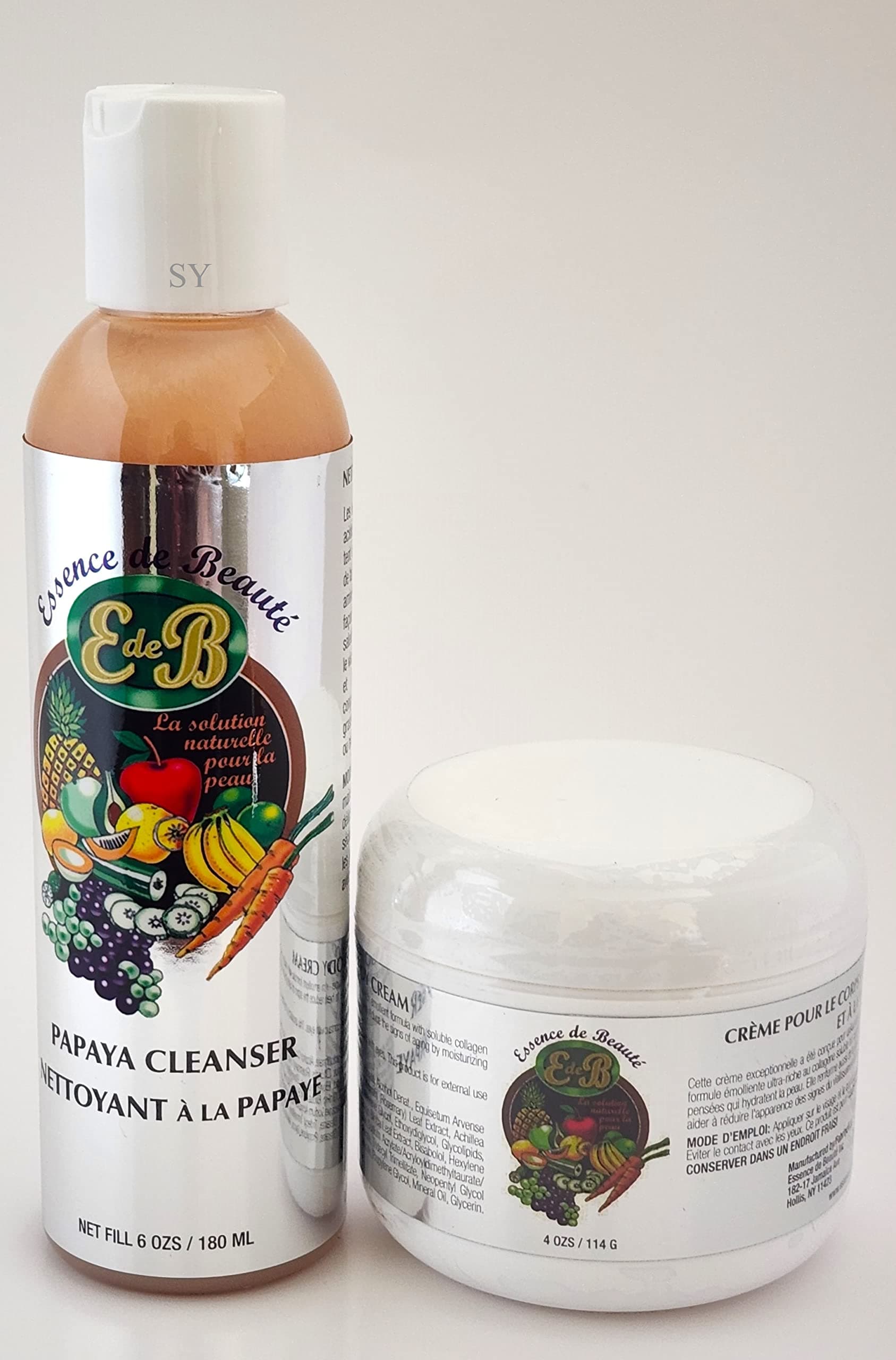 Essence de Beaute Papaya Cleanser 6oz + Collagen & Vitamin E Face and Body Cream 4oz Set - Free Perfume Roll On Sample