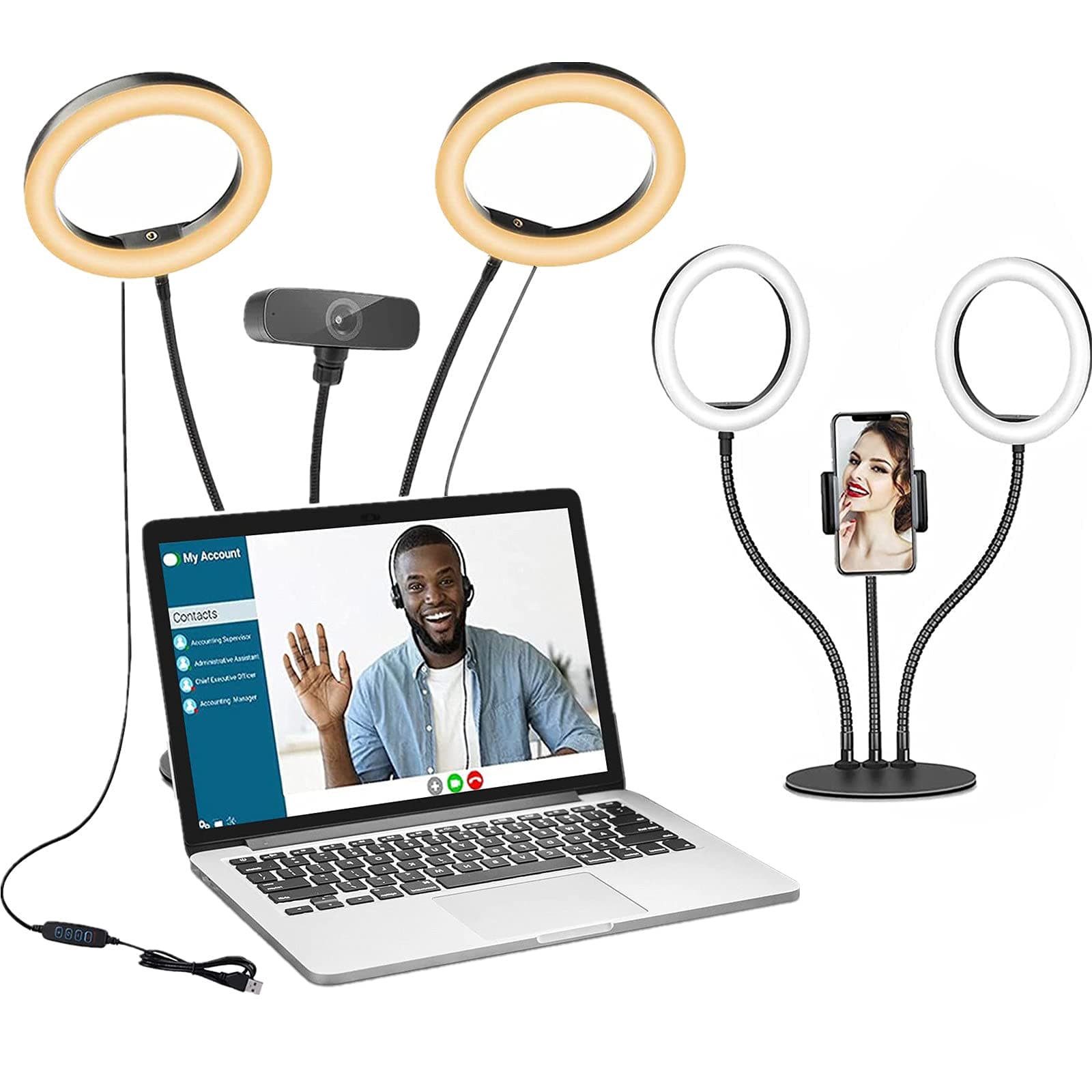 Computer Ring Light for Zoom Meetings - Desk Selfie Ring Light for Makeup/Video Recording/Video Conference, Dual 8" Circle Laptop Light with St...