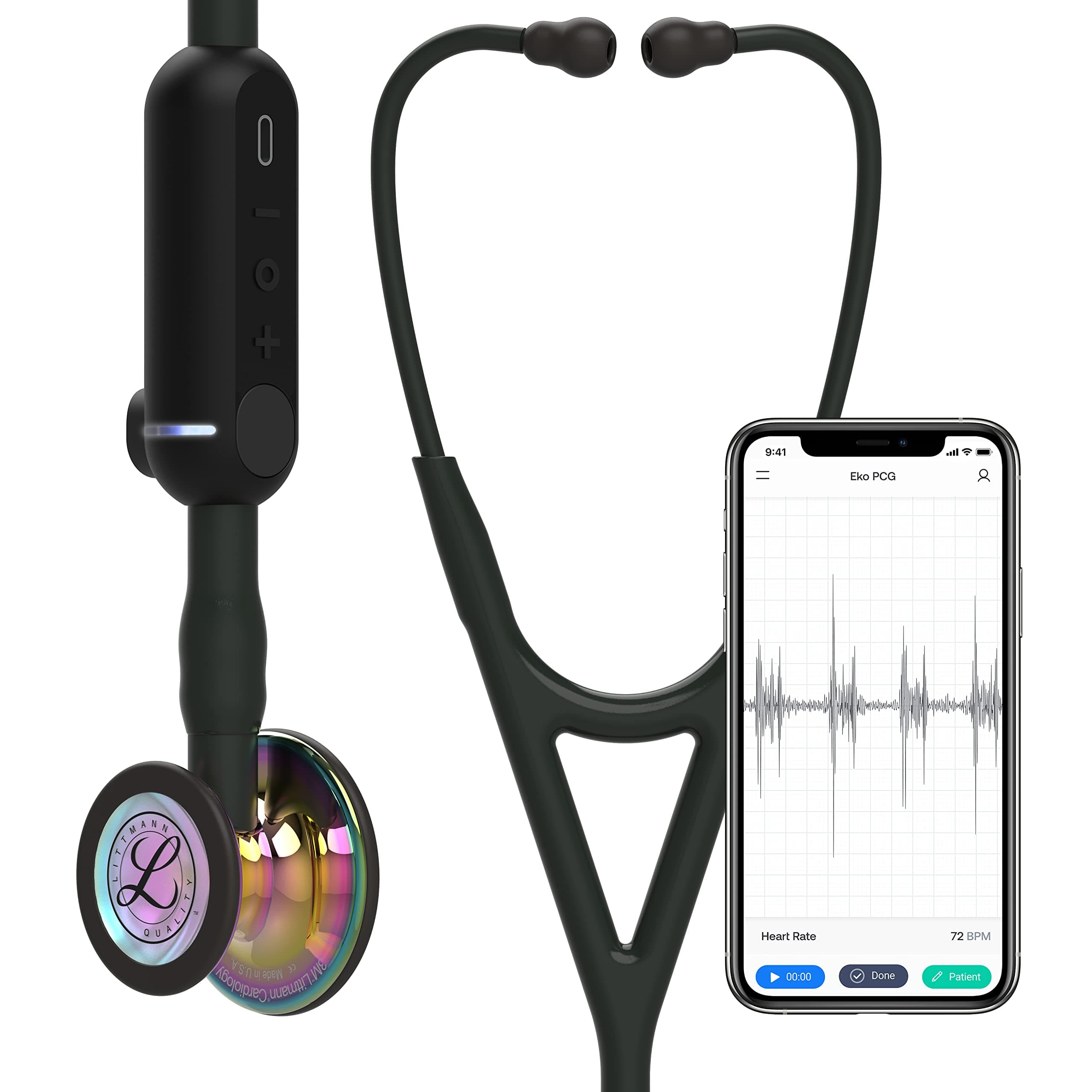 3M™ Littmann® CORE Digital Stethoscope, 8570, High Polish Rainbow Chestpiece, Black Tube, Stem and Headset, 27 inch