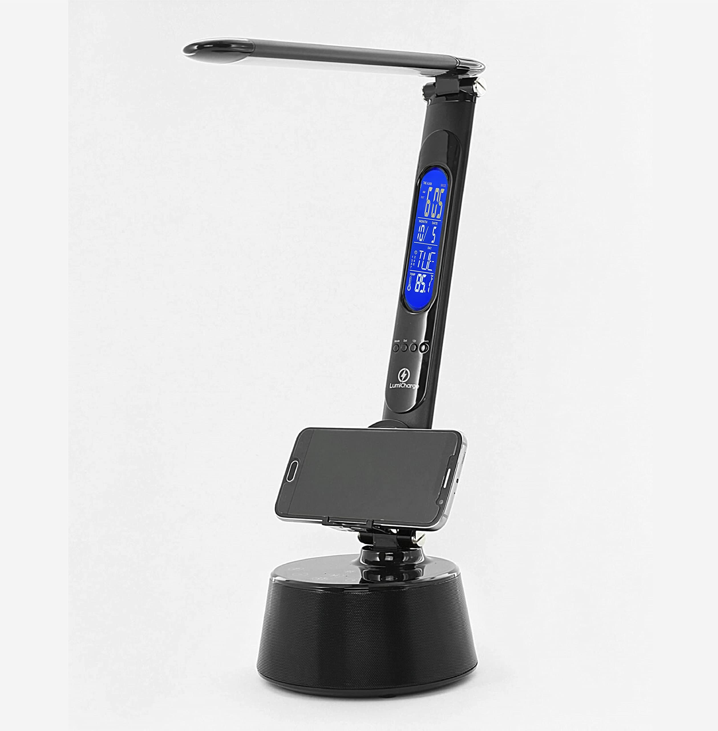 LumiCharge T2W- LED Desk Lamp ,Bluetooth Speaker, Desk Lamp with Wireless Charger Compatible with iPhone, USB Charging Port, Table Lamp with Clock,...