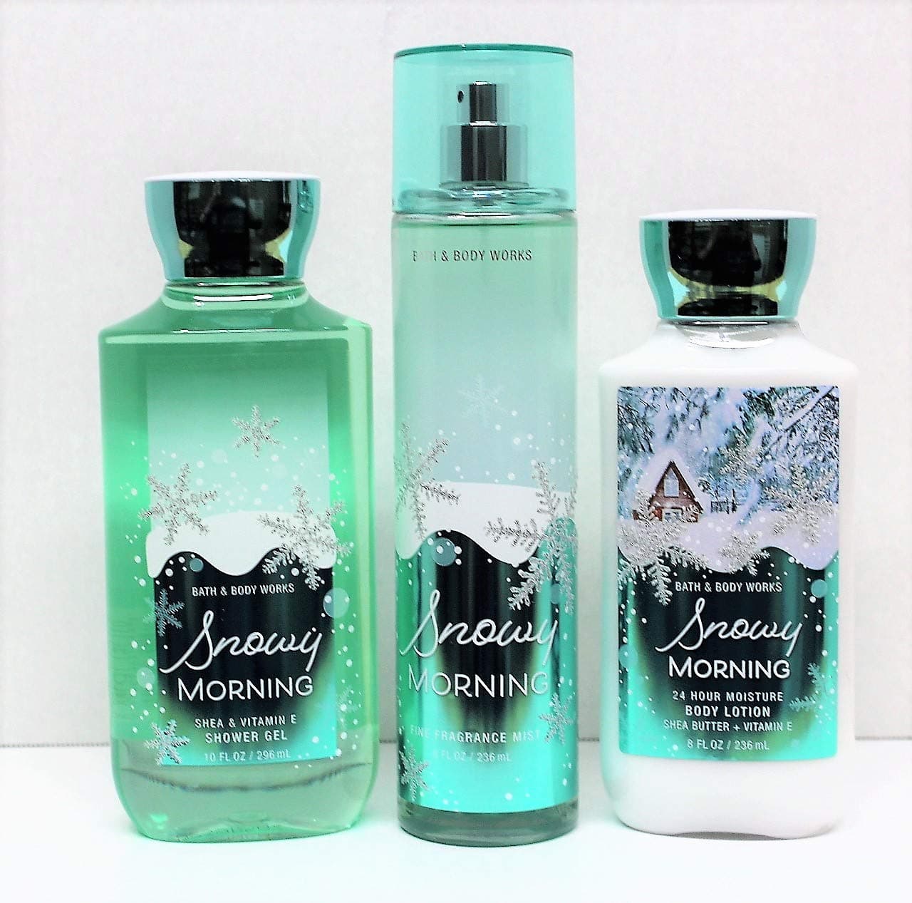Bath and Body Works Snowy Morning Shower Gel, Body Lotion, Fine Fragrance Mist Daily Trio 2018