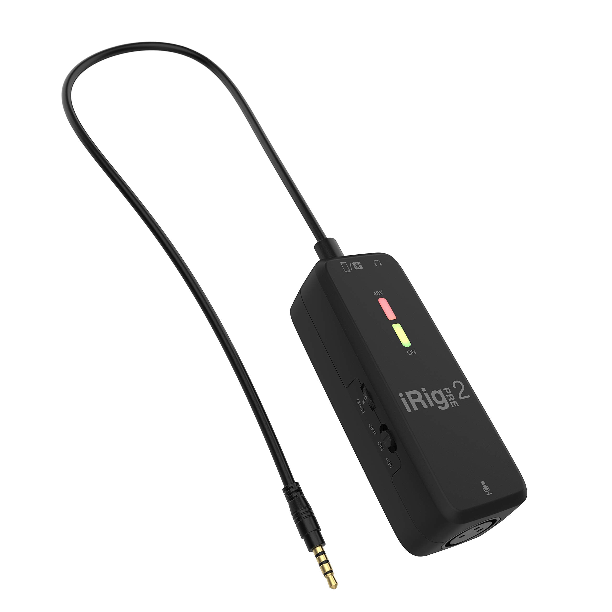 IK Multimedia iRig Pre 2 mic preamp adapter interface for iPhone, iPad, Android, iOS & DSLR cameras, with +48V phantom power, XLR connector & headp...
