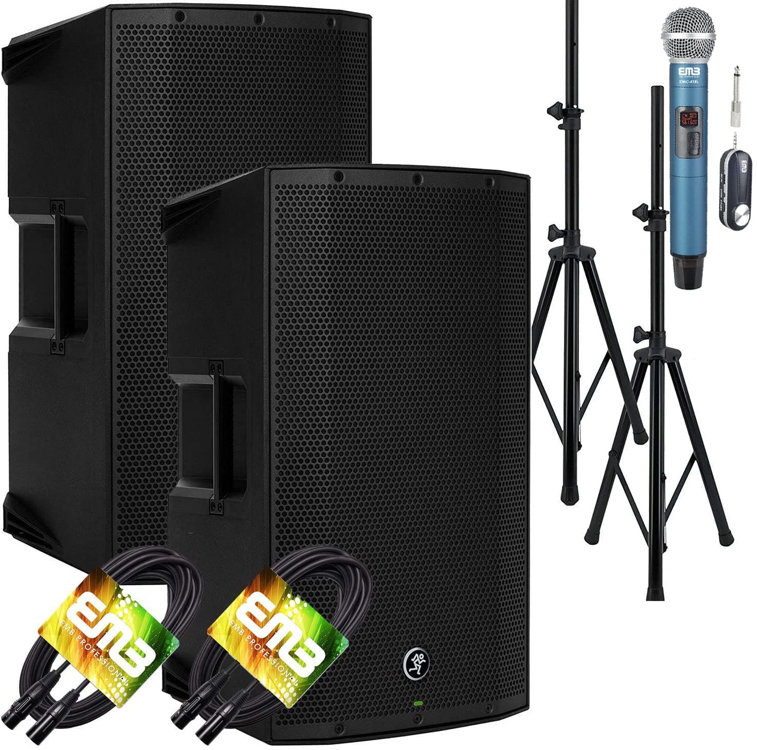 (2) Mackie Thump12A THUMP-12A 1300W 12" Powered Loudspeaker (Pair) with EMB Speaker Stand + EMB Microphone and EMB XLR Cable Bundle