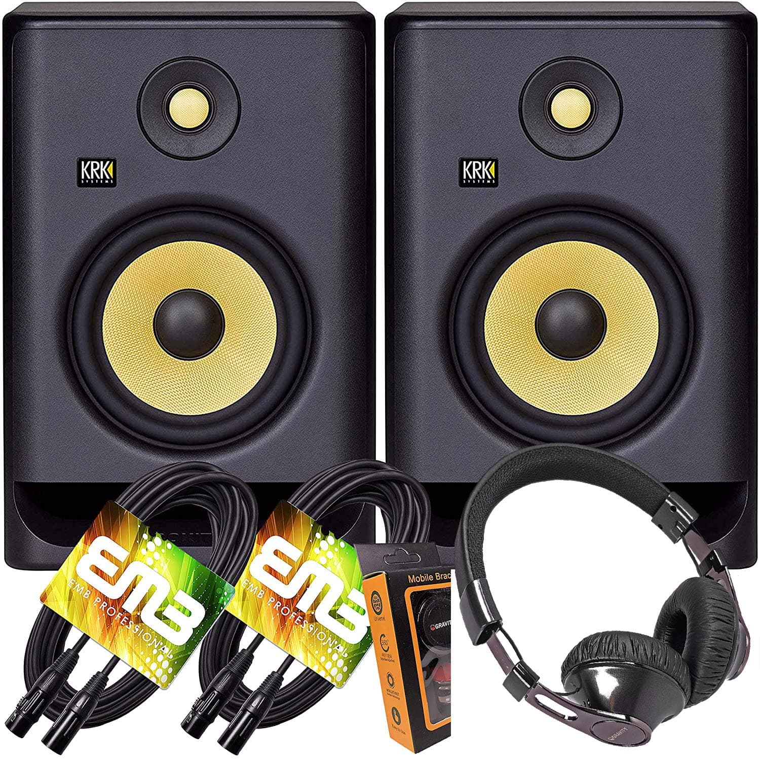 KRK Pair RP7 Rokit G4 Professional Bi-Amp 7" Powered Studio Monitor Black with HD Headphone and EMB XLR Cable and Extra Bundle M