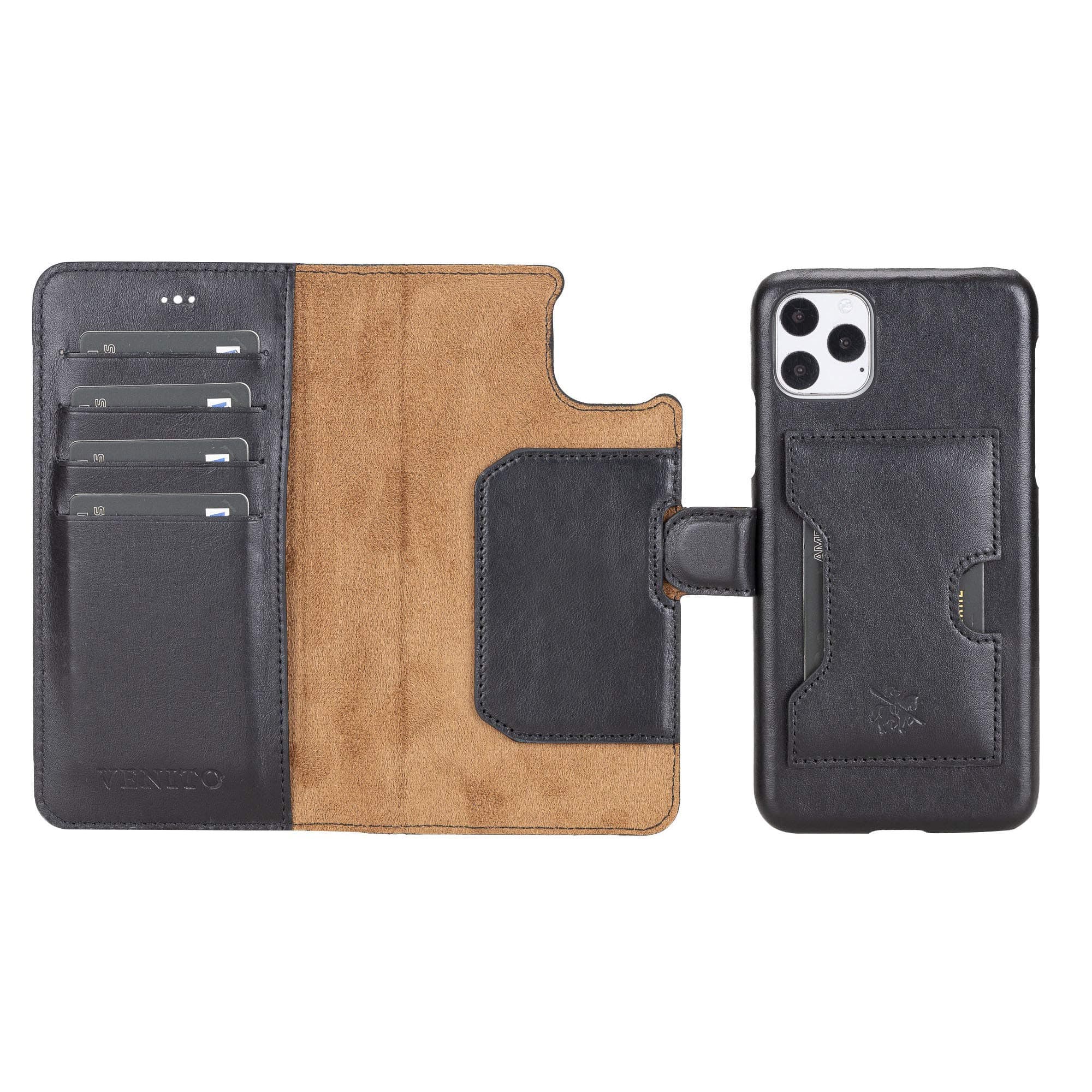 Venito Florence Leather Wallet Phone Case Compatible with iPhone 11 Pro Max - Extra Secure with RFID Blocking - Detachable Phone Wallet (Rustic Black)