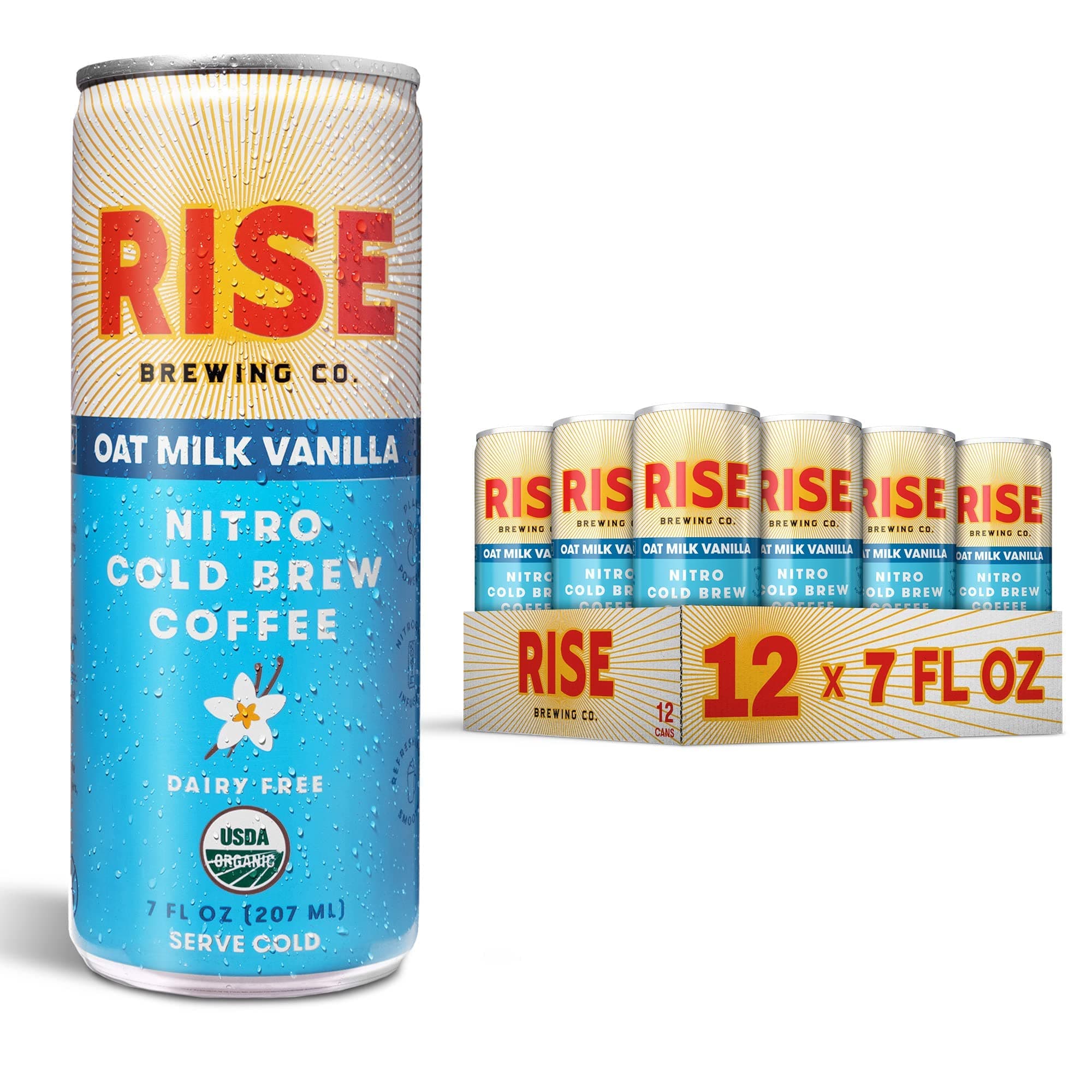 RISE Brewing Co. | Vanilla Oat Milk Nitro Cold Brew Coffee | No Sugar Added & No Dairy | Organic & Non-GMO | Low Acidity & Vegan | 7 fl. Oz. Cans