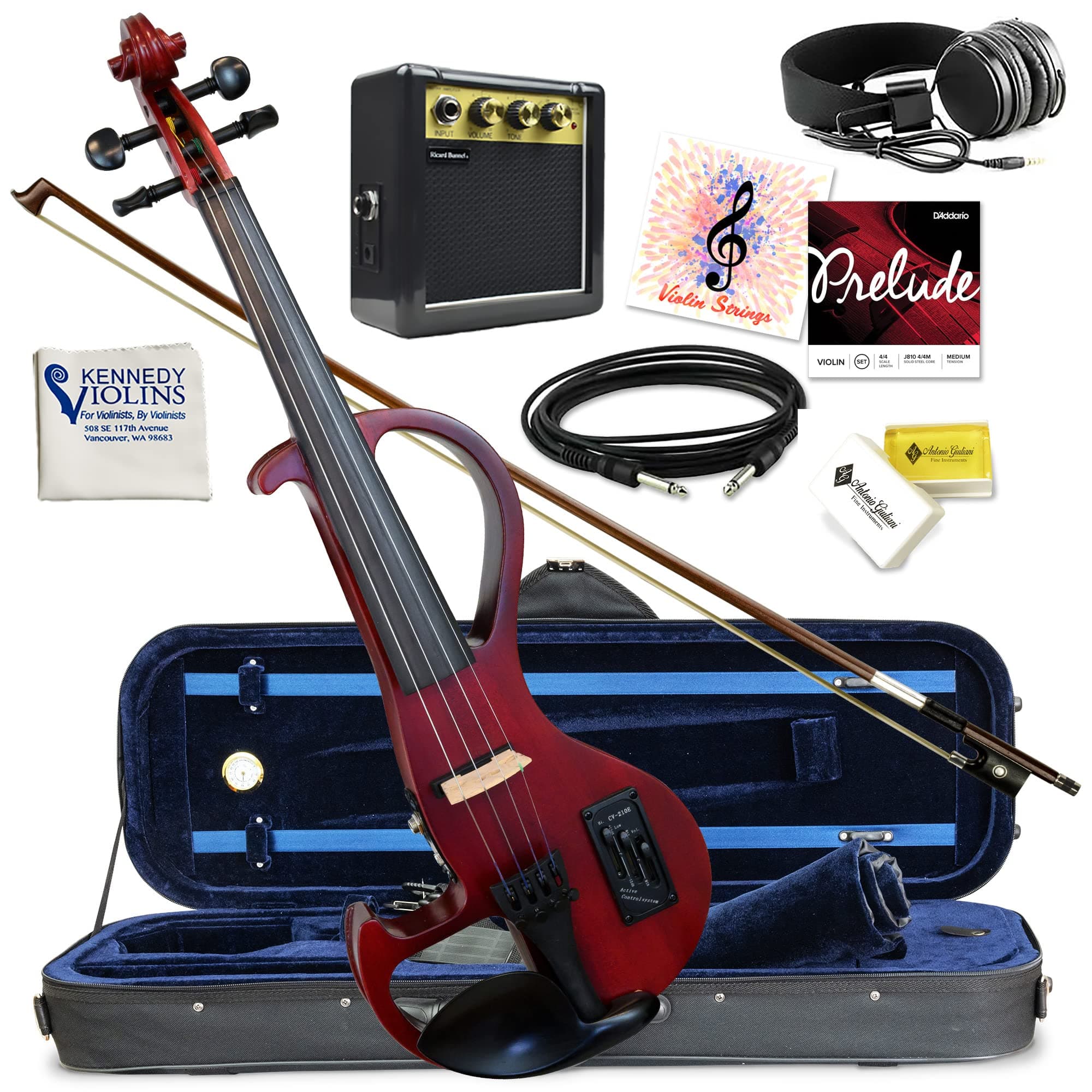Electric Violin Bunnel Edge Outfit 4/4 Full Size (Clear) (RED) — High Quality with Carrying Case and Accessories Included - Headphone Jack - Piezo ...