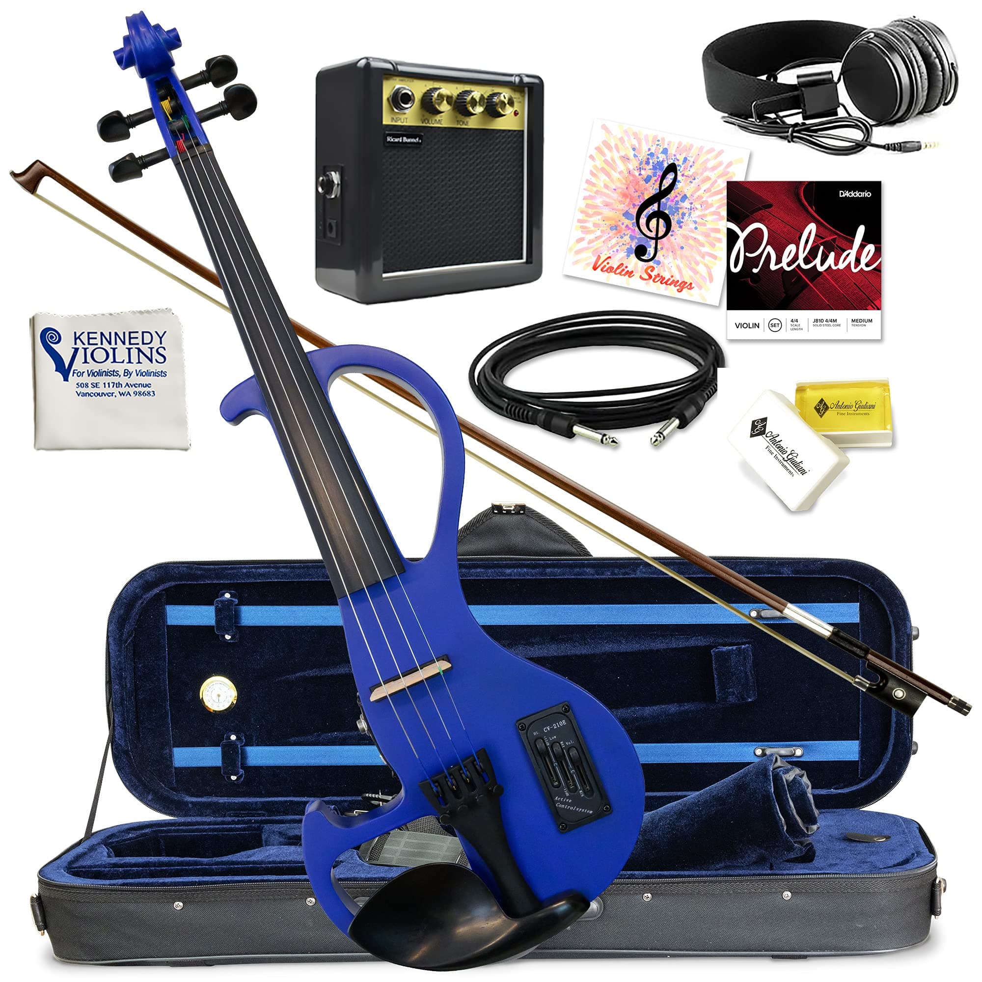 Electric Violin Bunnel Edge Outfit 4/4 Full Size (BLUE) High Quality with Carrying Case and Accessories - Headphone Jack - Piezo Ceramic Pick-Up fr...