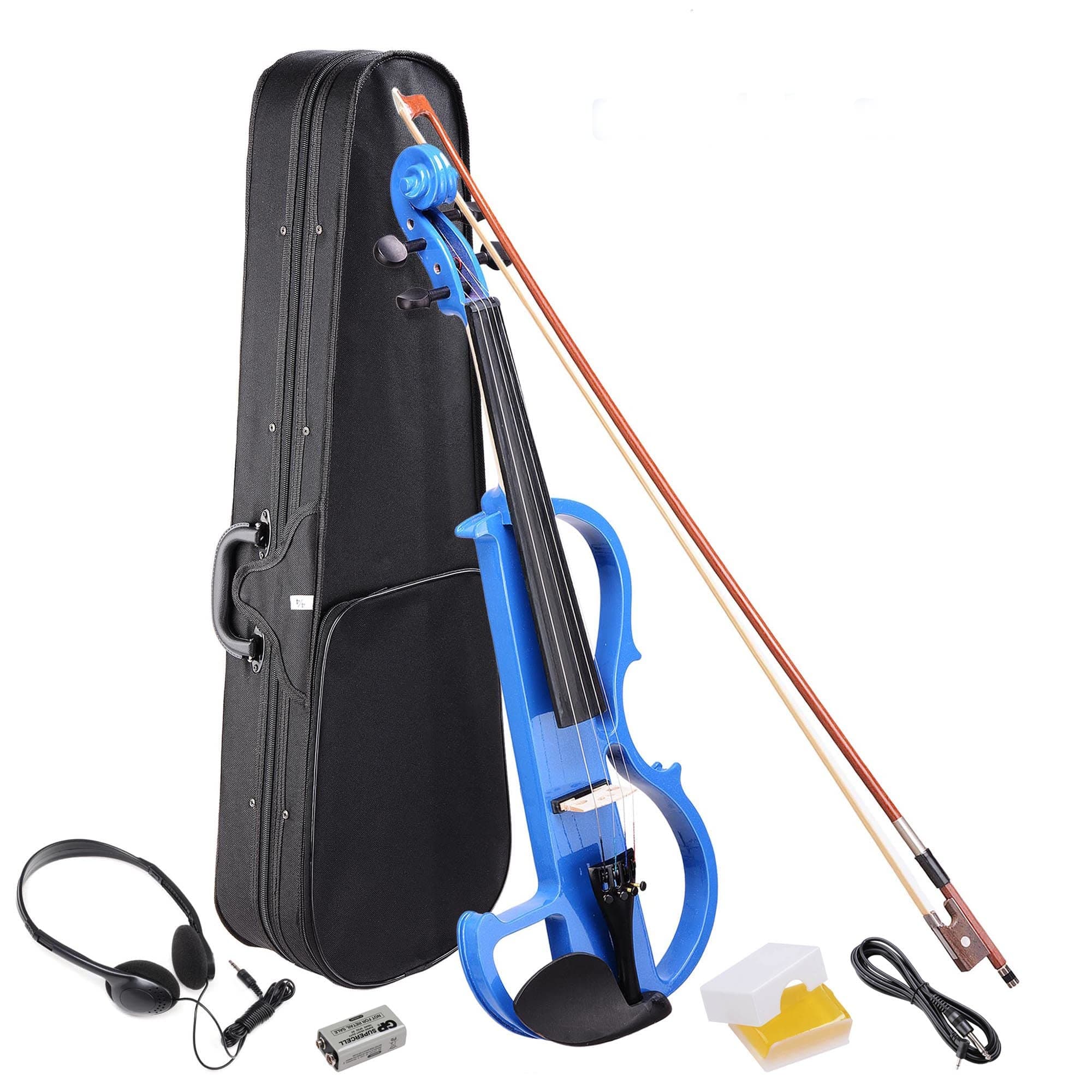 AW 4/4 Electric Violin Full Size Wood Silent Fiddle Musical Instrument Fittings Headphone Blue