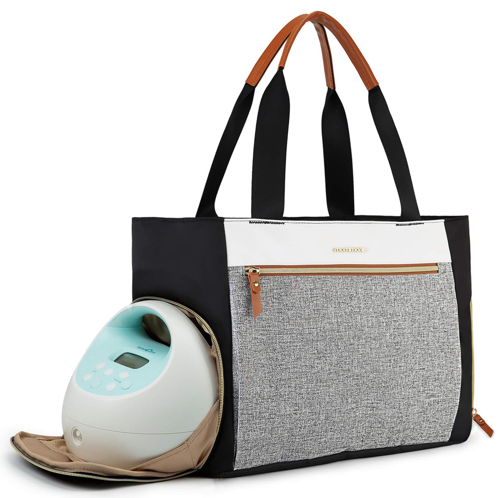 mommore Breast Pump Bag Diaper Tote Bag with 15 Inch Laptop Sleeve Fit Most Breast Pumps Like Medela, Spectra S1,S2, Evenflo (Brown)