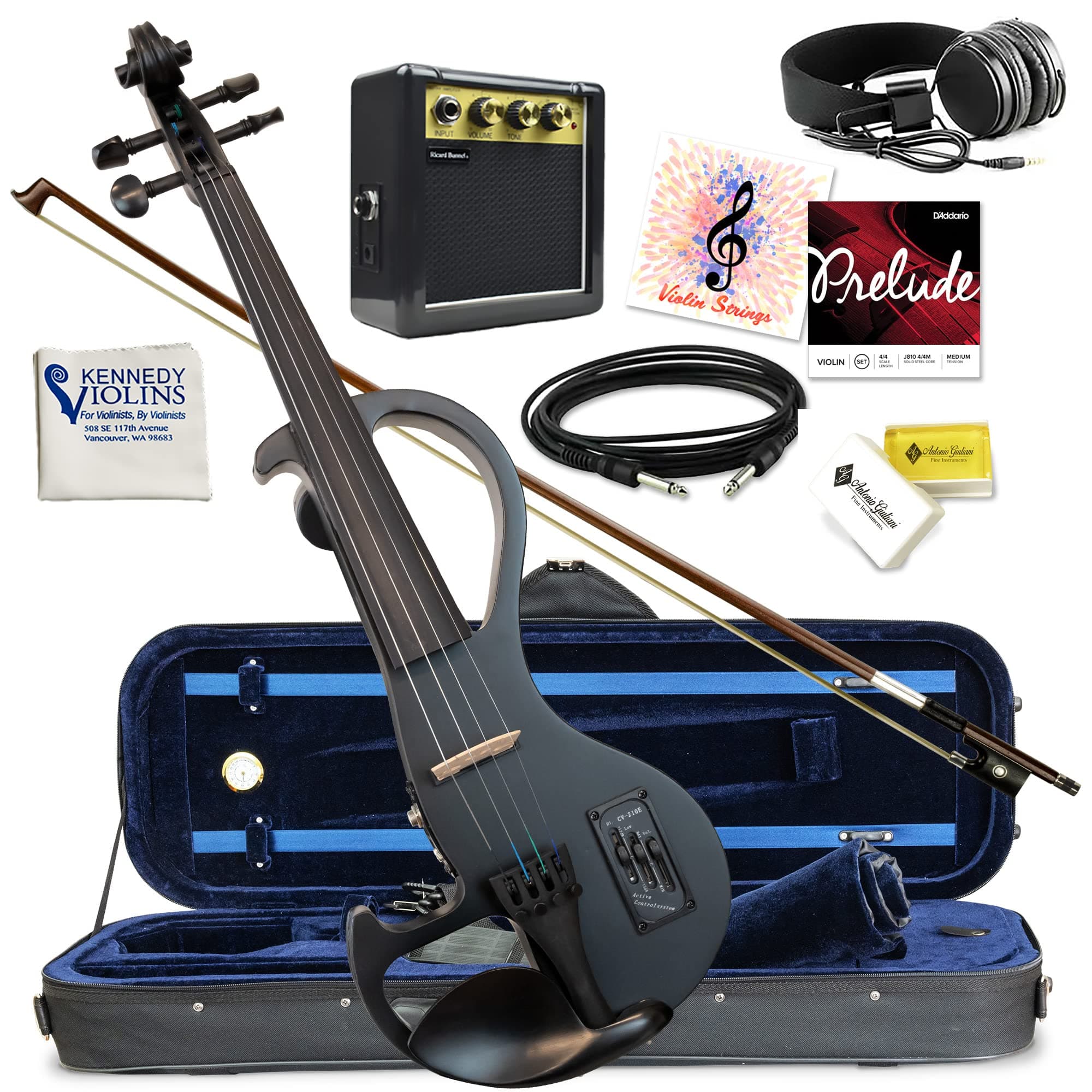 Electric Violin Bunnel Edge Outfit 4/4 Full Size (BLACK) — High Quality with Carrying Case and Accessories - Headphone Jack - Piezo Ceramic Pick-up...