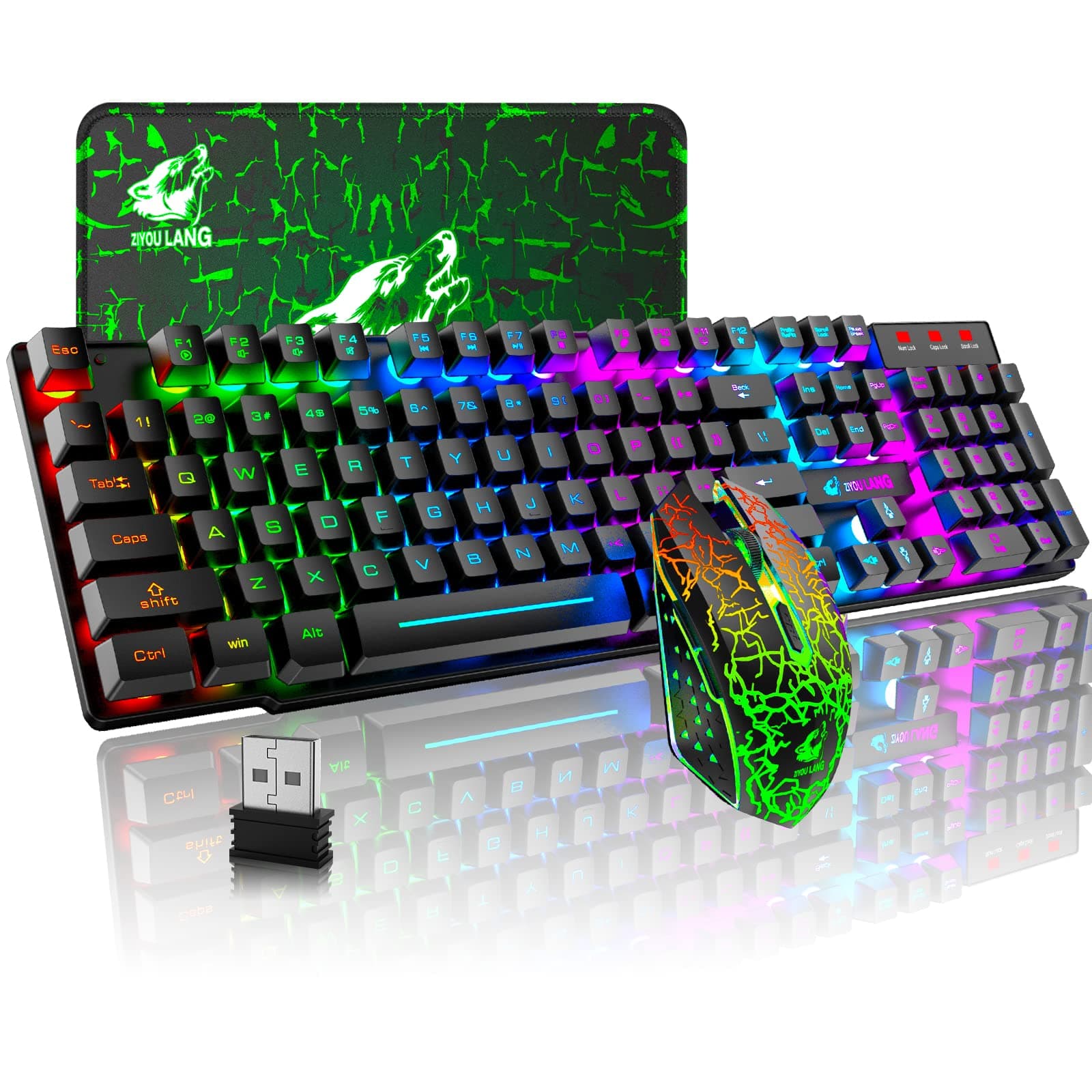 Wieless Gaming Keyboard and Mouse Combo Rainbow Backlight Quiet Ergonomic Mechanical Feeling Anti-ghosting Keyboard Mouse with Rechargeable 4000mAh...