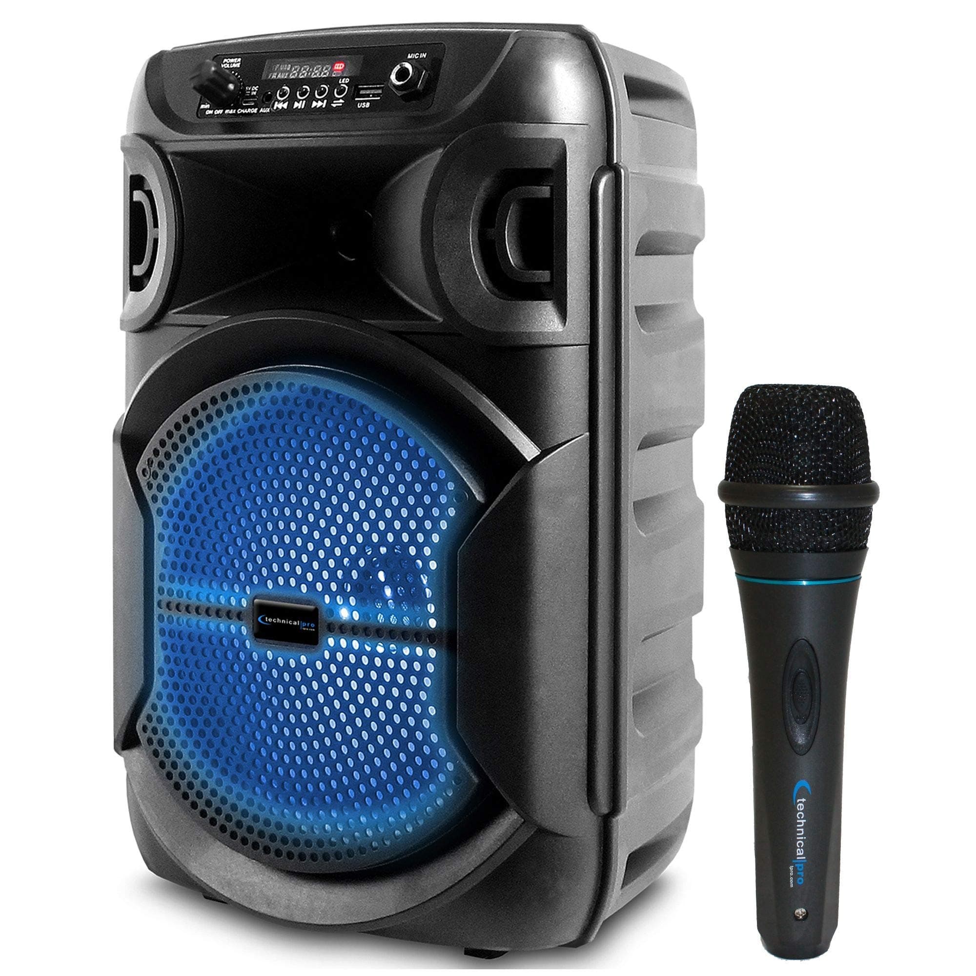 Technical Pro 8 Inch Portable 500 Watts Bluetooth Speaker w/Woofer & Tweeter and Portable Microphone w/Digital Processing, XLR to 1/4" for Kara...