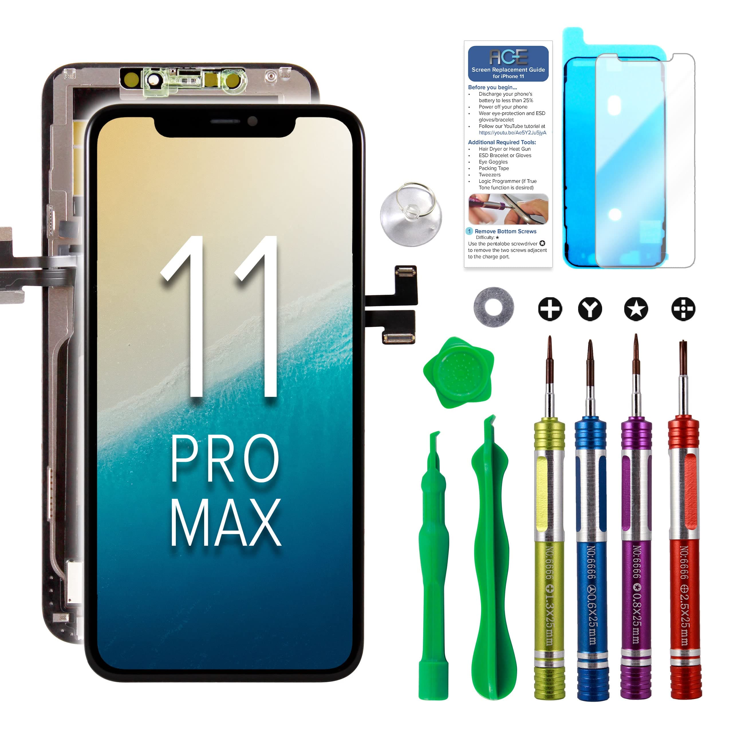 Ace Tech Cellular Hard OLED Screen Replacement for iPhone 11 Pro Max 6.5 inch (Model A2161, A2220, A2218) 3D Touch Screen Repair Kit Display Digiti...