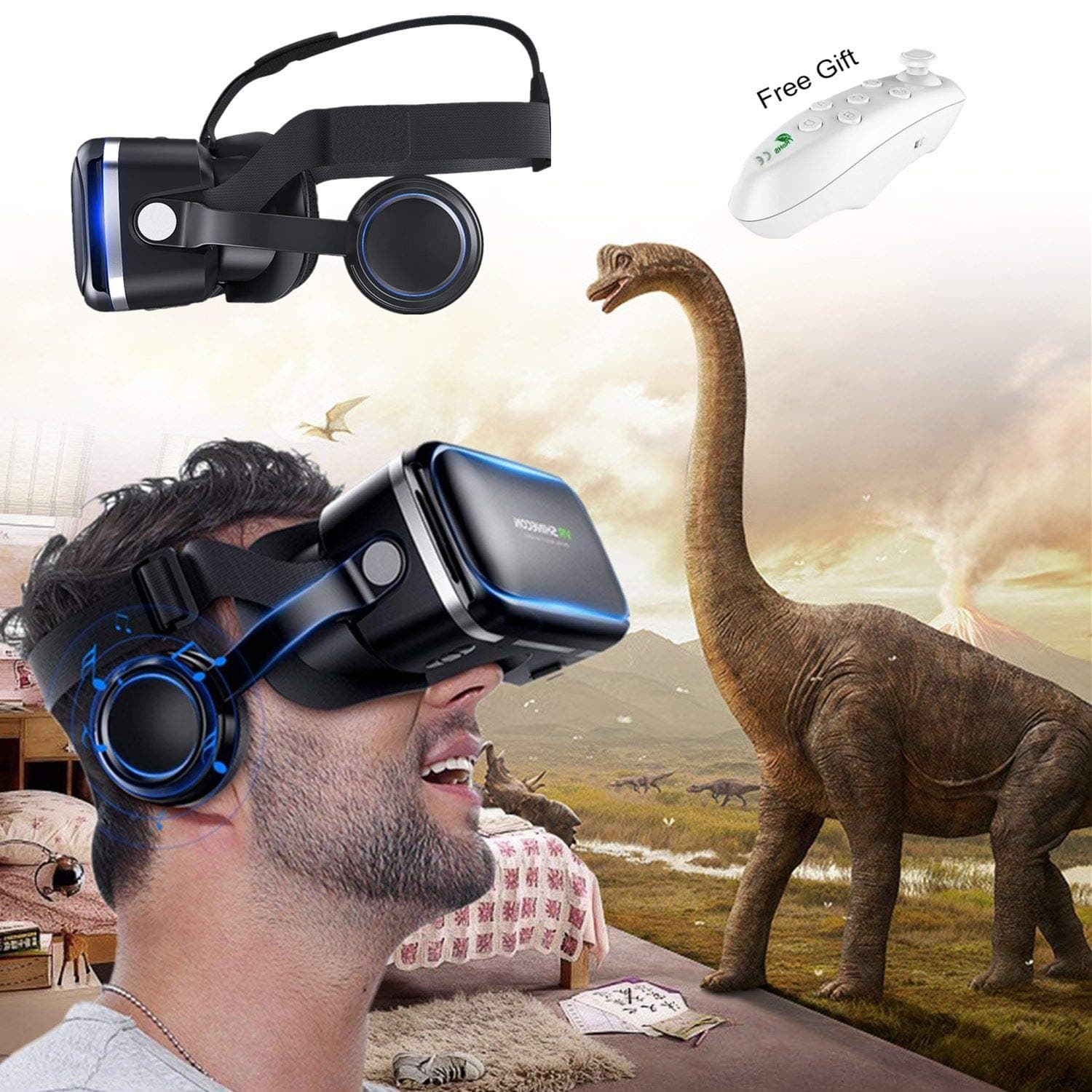 VR Glass Virtual Reality Headset w/ Remote & Headphone for iPhone 11 Pro XS XR X 8 7 6 S +, Samsung Galaxy S10 E S9 S8 S7 S6 Edge, 3D VR Goggle for...