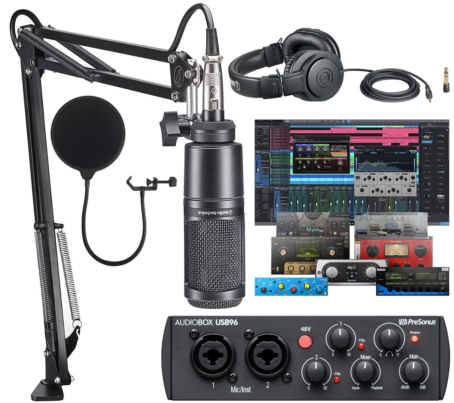Presonus AudioBox 96 Audio USB 2.0 Recording Interface with Studio One Artist DAW Software with Audio-Technica AT2020 Vocal Microphone Arm Kit for ...
