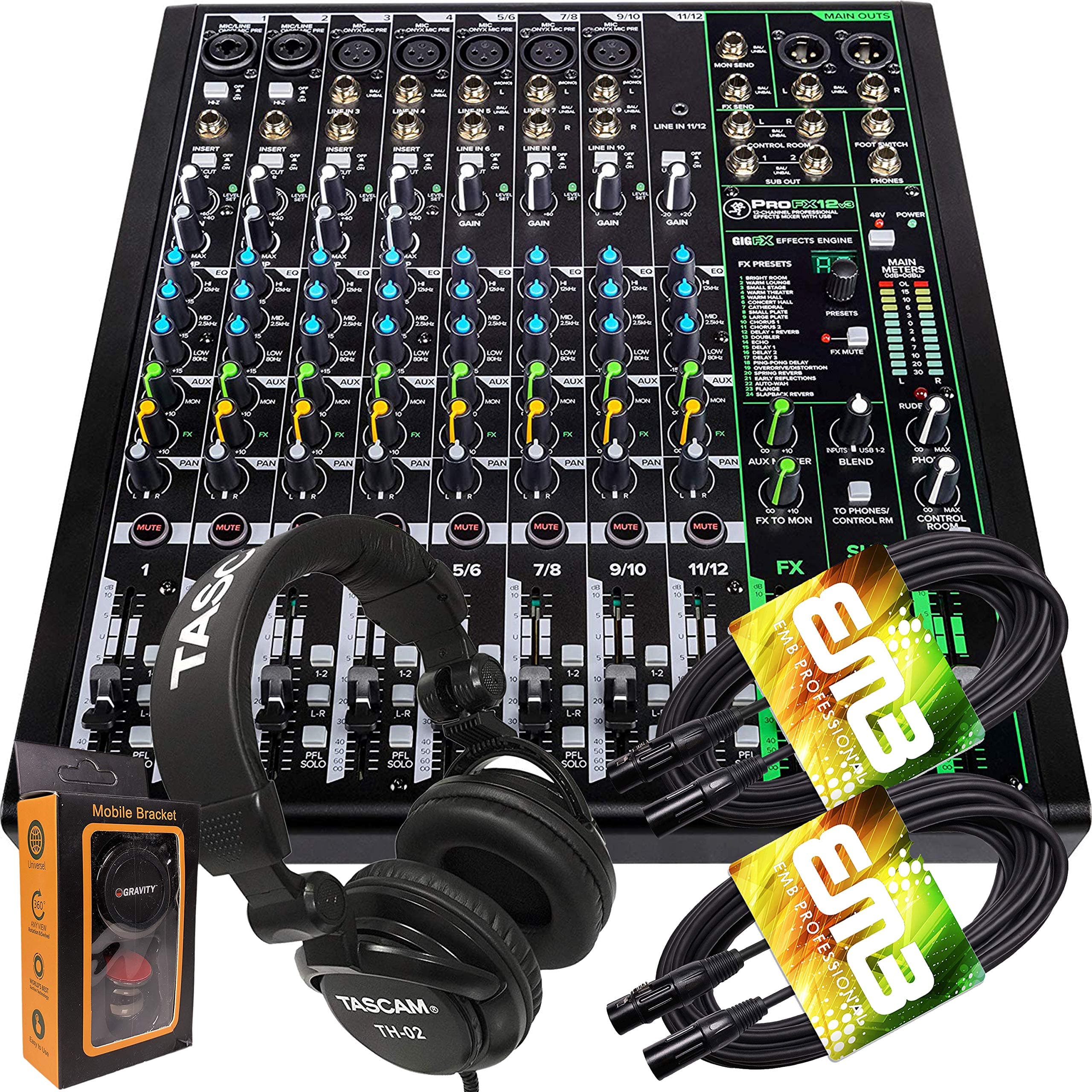 Mackie ProFX12v3 12-Channel Mixer with Built-in Effects and USB + Pro Headphone with Pair of EMB XLR Cable and Gravity Magnet Phone Holder Bundle, ...