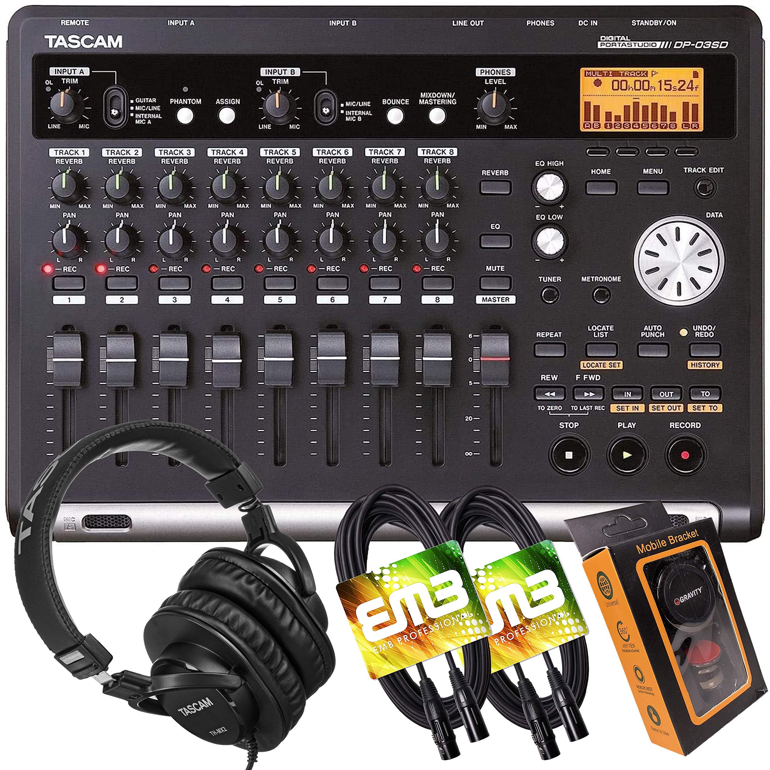 Tascam DP-03SD 8-Track Digital Portastudio Multi-Track Audio Recorder with Pro Headphone and Pair of EMB XLR Cables and Gravity Magnet Phone Holder...
