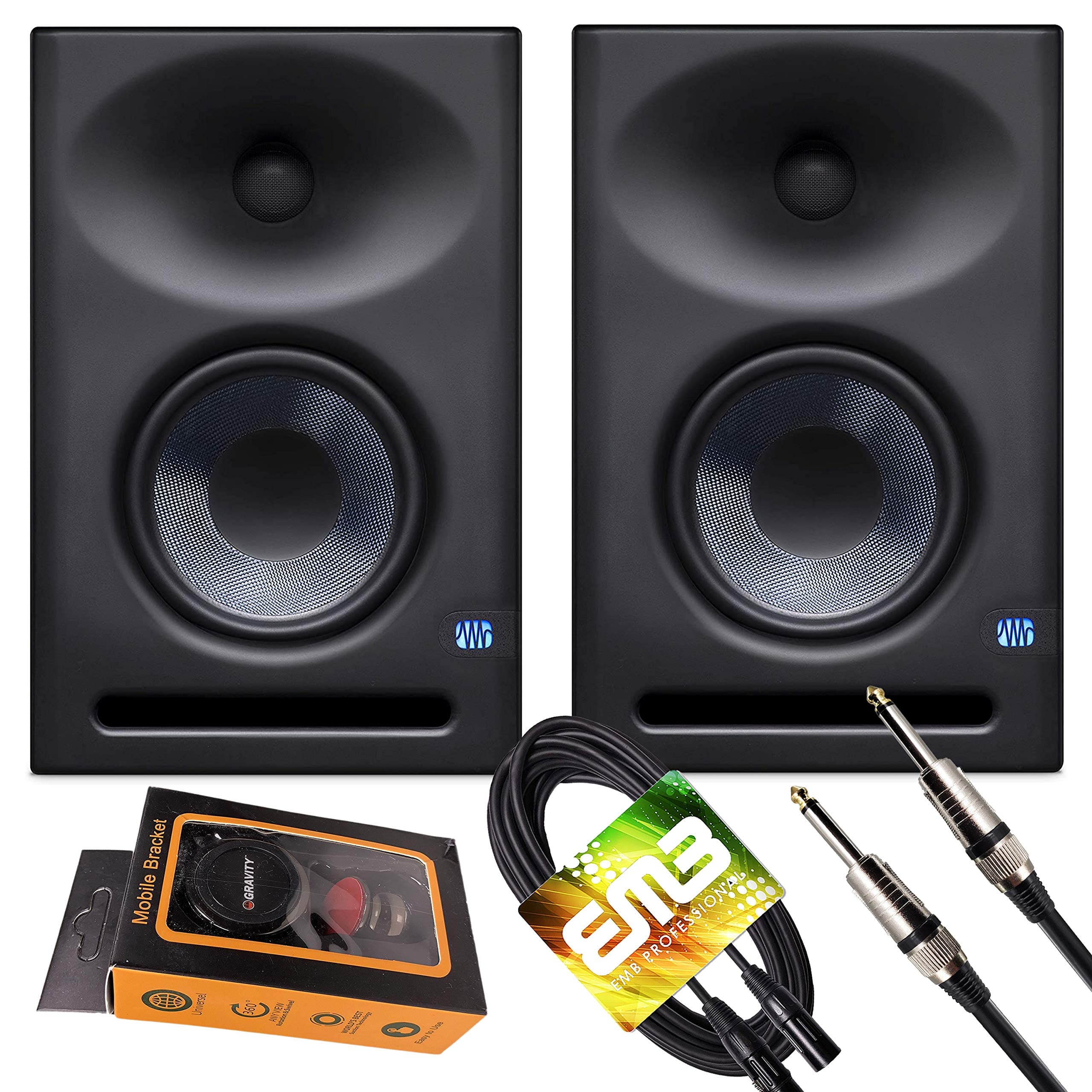Pair of PreSonus Eris E7 XT 2 - Way Active Studio Monitors with EBM Wave Guide 6.5 Inches Reinforced Woofer with EMB XLR and QTQ Cables + Gravity P...