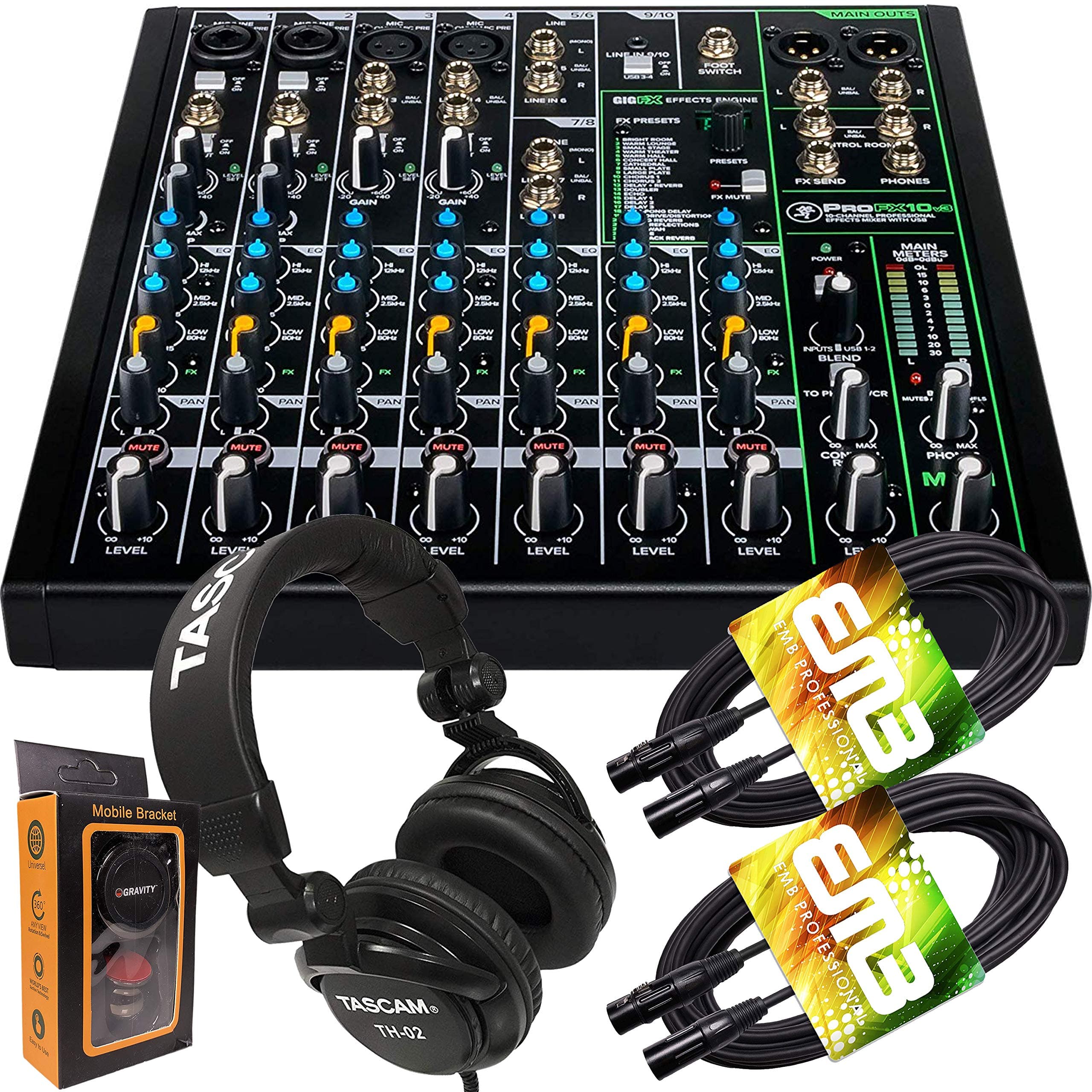 Mackie ProFX10v3 10-Channel Mixer with Built-in Effects and USB + Pro Headphone with Pair of EMB XLR Cable and Gravity Magnet Phone Holder Bundle, ...