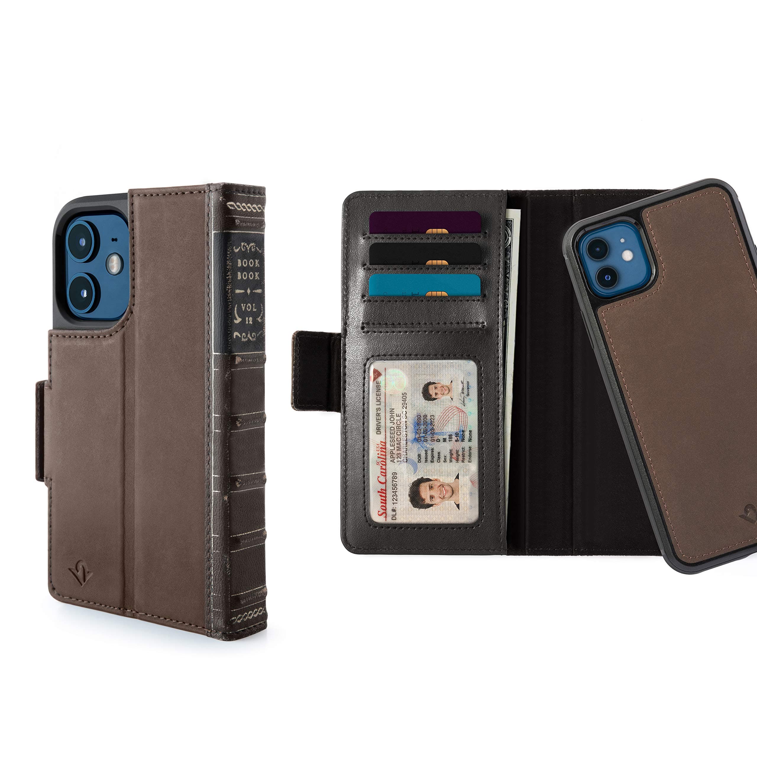 Twelve South MagSafe BookBook for iPhone 12 Mini | 3-in-1 Leather Wallet Case with Display Stand/Removable Magnetic Shell (Brown)