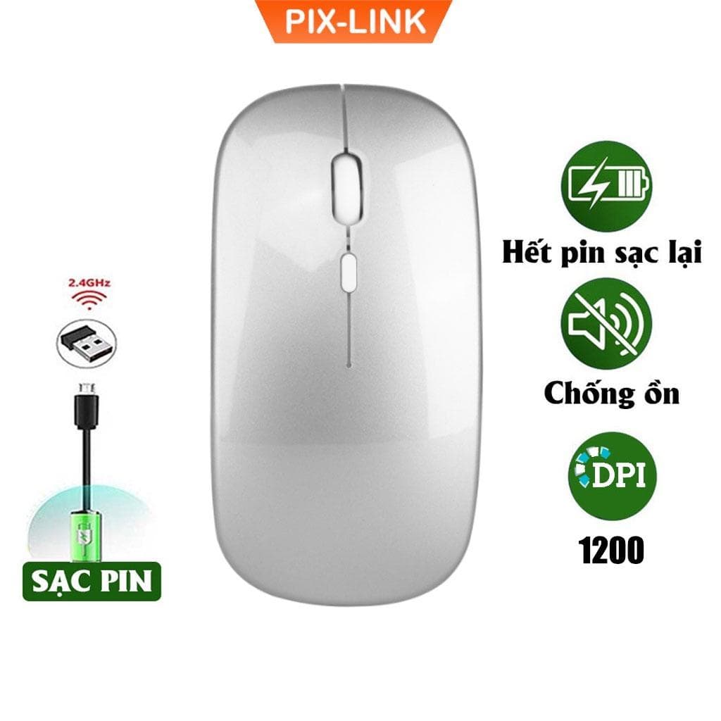 Chuột Không Dây Sạc Pin 2.4GHz PIX-LINK P1 Siêu Mỏng Không Gây Tiếng Ồn Sạc 1 Lần Dùng 1 Tuần Cho Laptop Macbook PC Tivi - Hàng Chính Hãng - Bạc