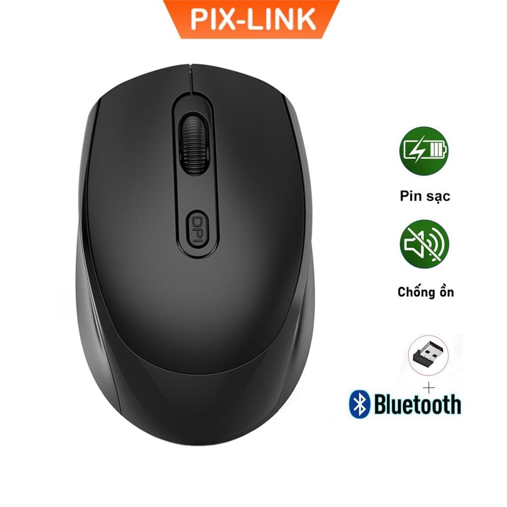Chuột Không Dây Bluetooth PIX-LINK P100B Chống Ồn, DPI 1600, Chế Độ Kép Wireless Usb 2.4Ghz, Bluetooth Dùng Cho Macbook, Laptop, PC - Hàng chính Hãng - Đen