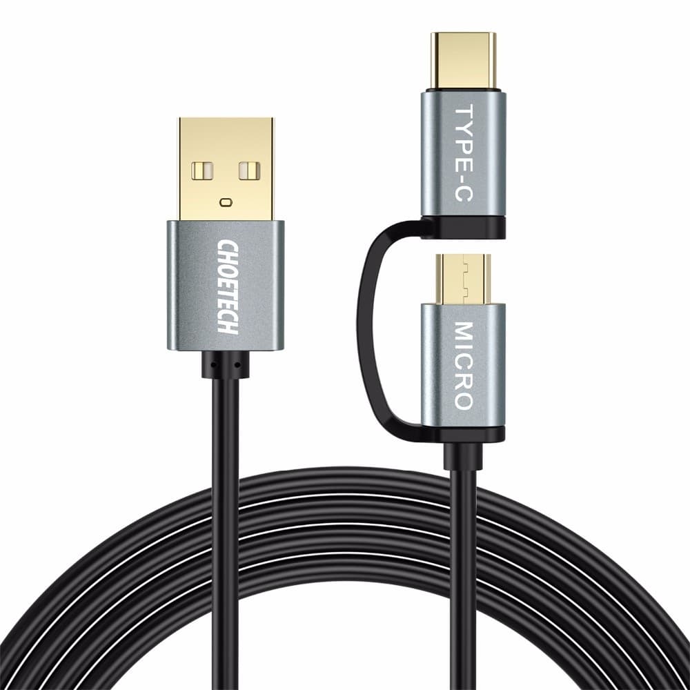 Dây cáp sạc nhanh 2 in 1 Type-C  Micro USB dài 120CM hiệu CHOETECH XAC0012 sạc nhanh 3A, sạc nhiều thiết bị, chip sạc thông minh - Hàng chính hãng - Đen