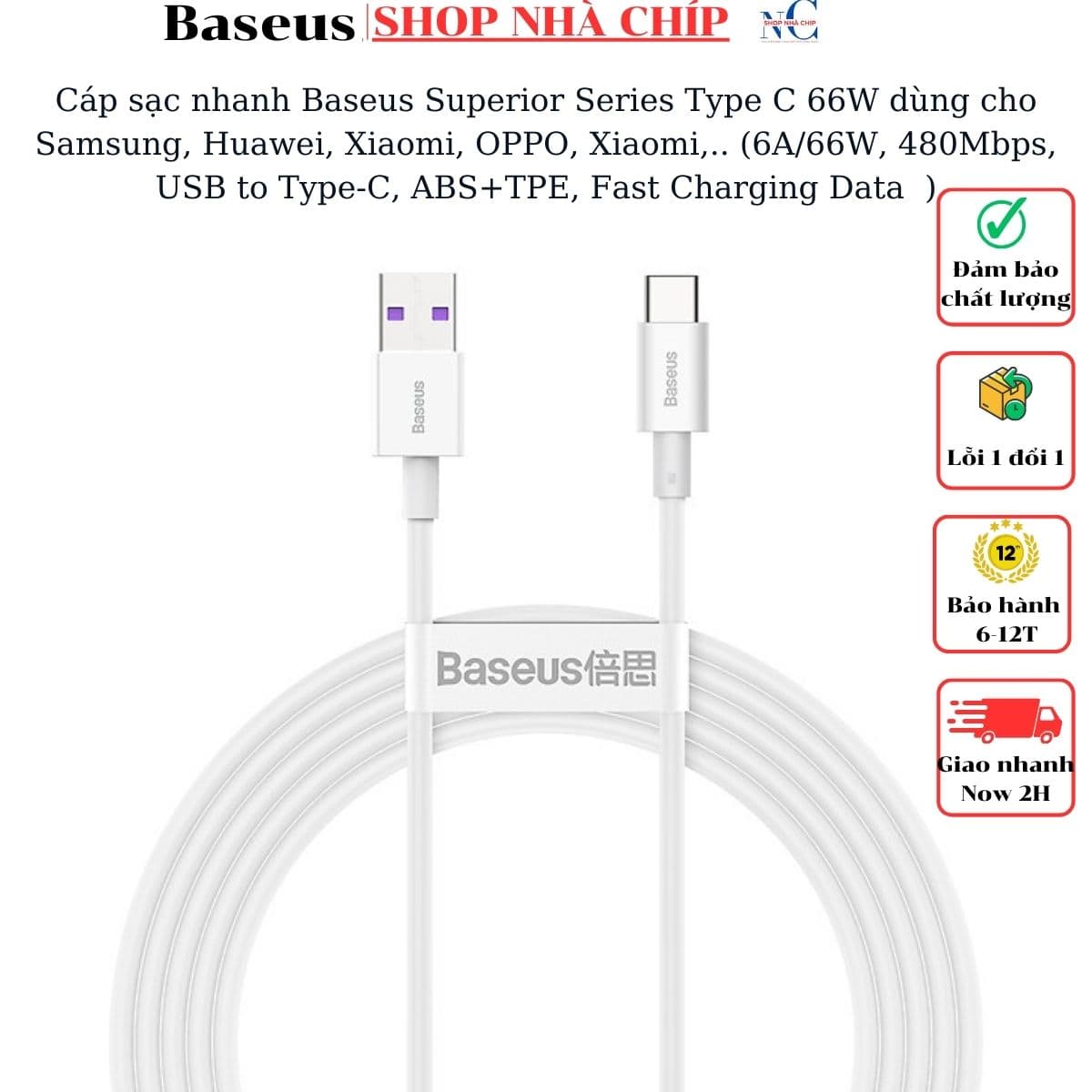Cáp sạc nhanh Baseus Superior Series Type C 66W dùng cho Samsung, Huawei, Xiaomi, OPPO, Xiaomi,.. 6A66W, 480Mbps, USB to Type-C, ABSTPE, Fast Charging Data Cable - Hàng chính hãng - trắng - 1M