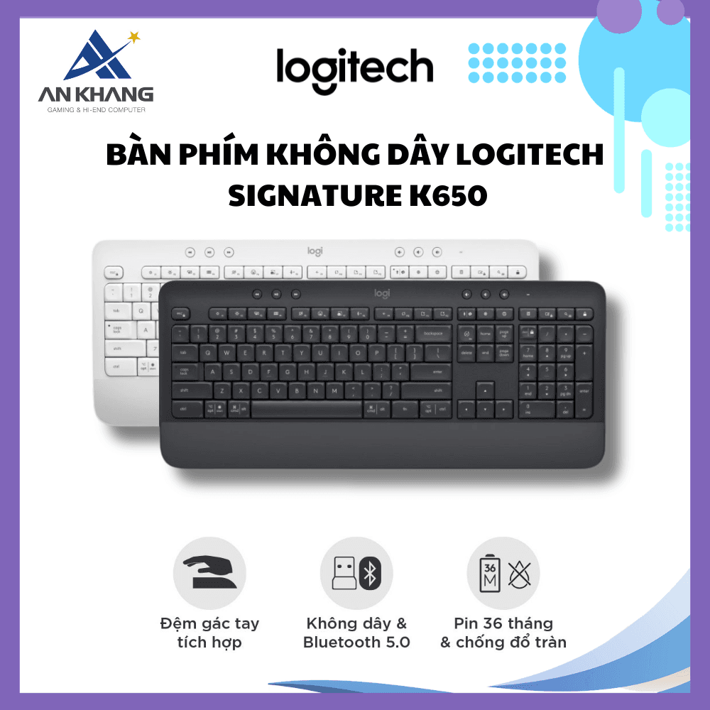 Bàn Phím Không Dây Logitech Signature K650  - Nhỏ gọn, kê tay tích hợp, kết nối Bluetooth & USB Bolt - Hàng chính hãng - Màu đen