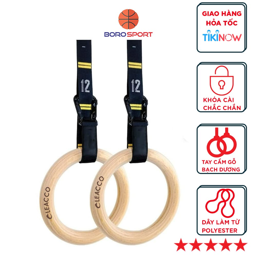 Vòng treo gỗ Gymnastic Rings Cleacco có vạch kẻ số , khóa cài thông minh tiện lợi , chắc chắn treo xà đơn , các bài tập dip rings , street workout , bảo hành 12 tháng - BORO SPORT - 3.2 cm