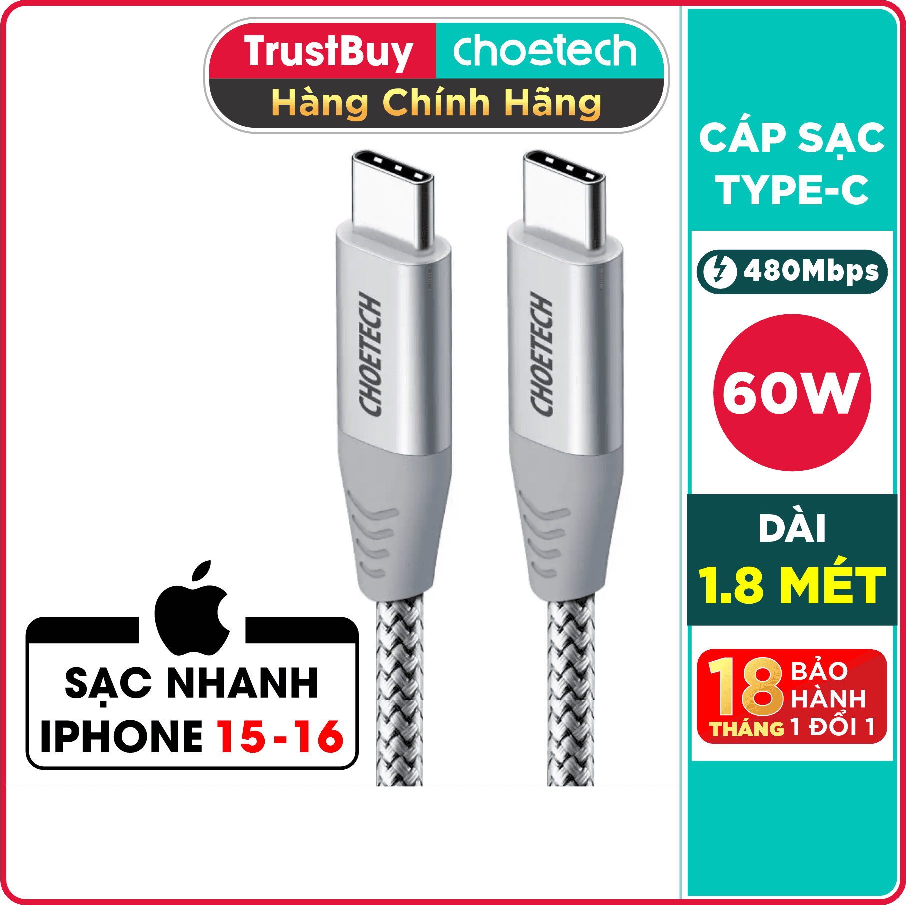 Dây Cáp Sạc Nhanh Type C To C 60W Dài 1.8M, Dây Nylon Dù Sạc Nhanh Cho iPhone 15, iP16, Android CHOETECH CC0005 - Hàng ChínhHãng