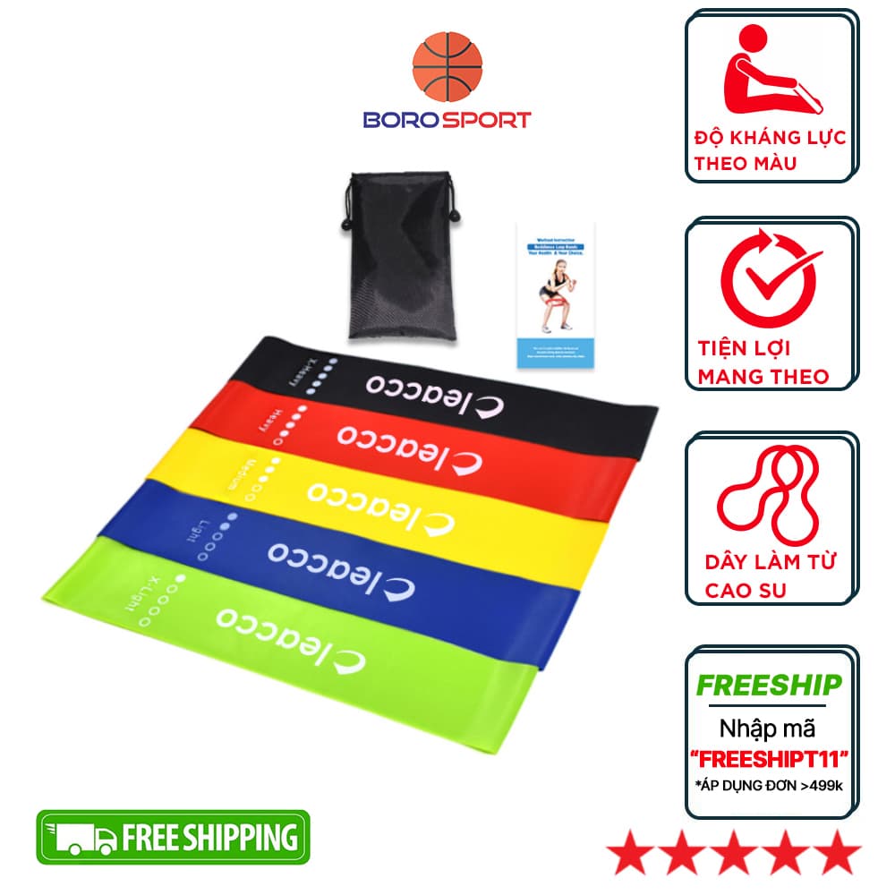 Bộ 5 dây đàn hồi tập gym, dây đàn hồi mini band tập yoga dây đàn hồi kháng lực cao cấp, dây đàn hồi tập thể dục Cleacco bộ 5 dây đủ màu trong 1 túi