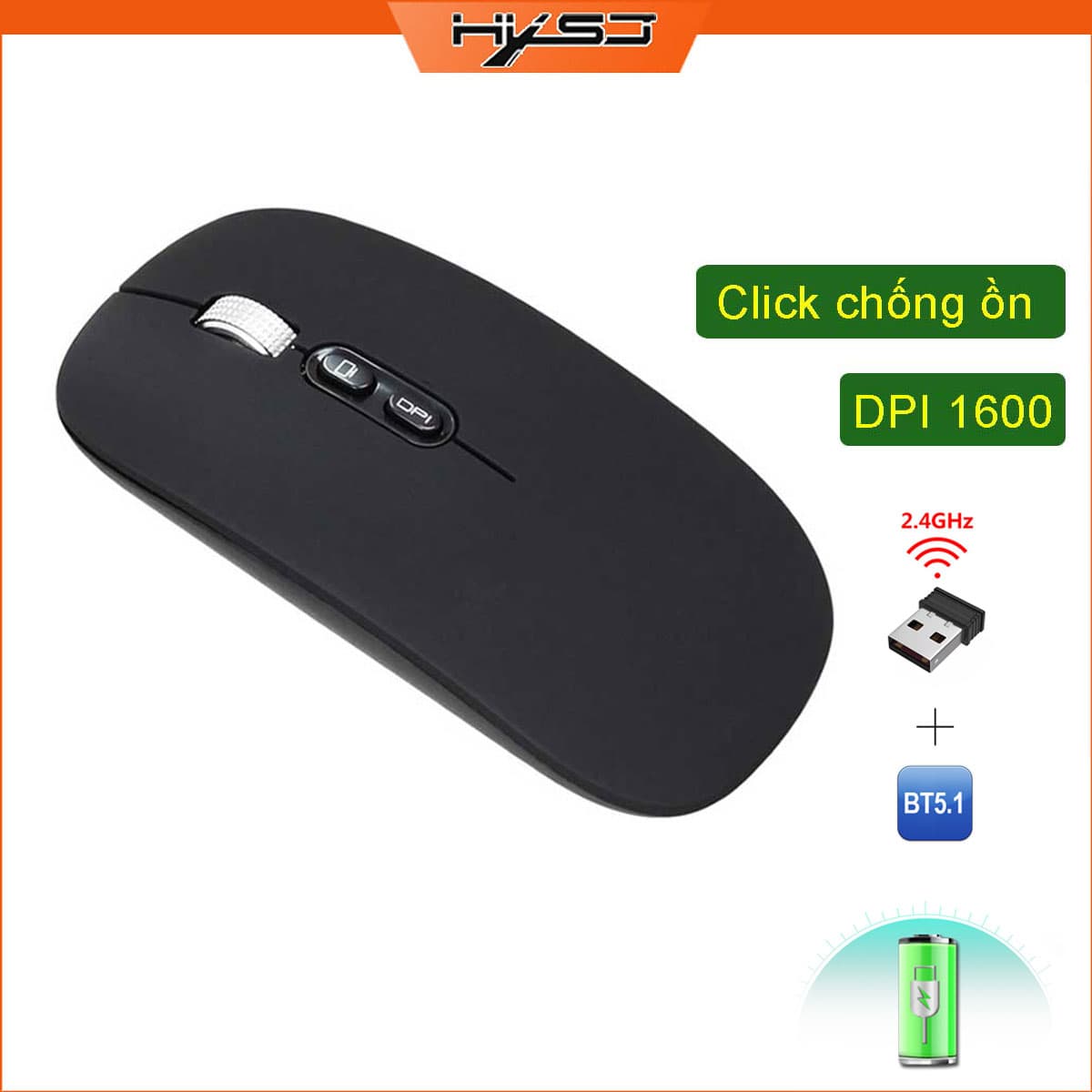 Chuột không dây HXSJ M103B wireless Bluetooth tự sạc pin siêu mỏng không gây tiếng ồn chuyên dùng cho Máy tính, pc, Laptop, Tivi  - Hàng chính hãng - Đen