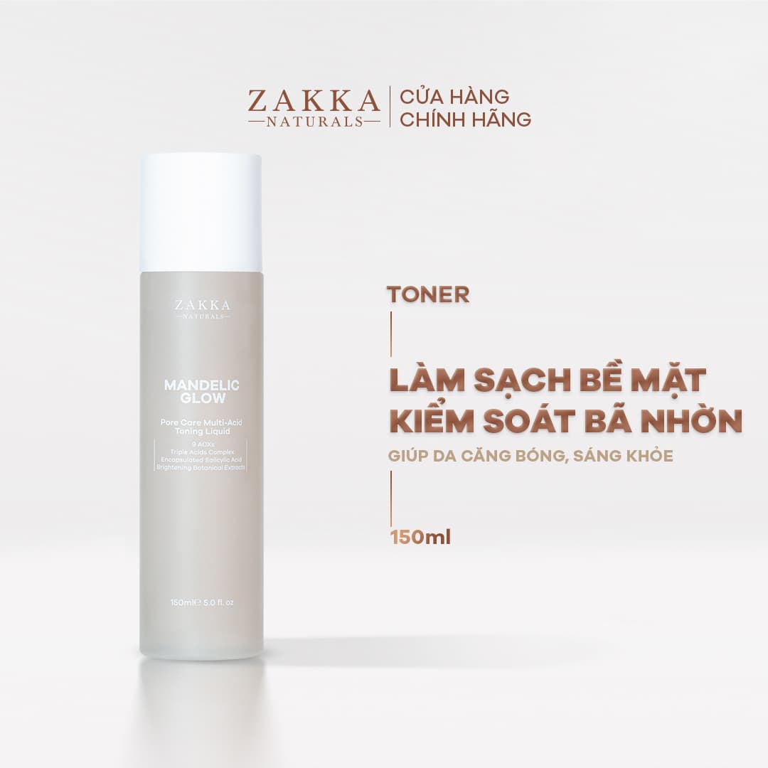 Toner Tẩy Da Chết AHA, BHA Mandelic Glow Zakka Naturals 150ml