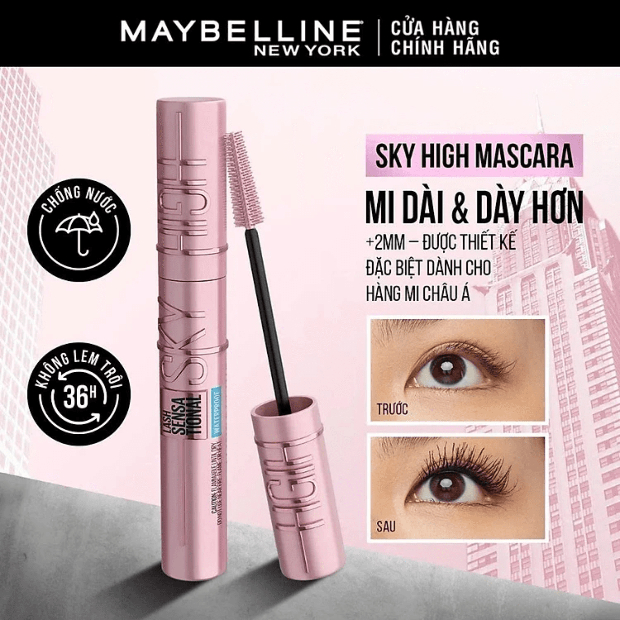 Mascara Maybelline Lash Sensational Sky High Mi Dài, Cong, Dày Hoàn Hảo 6ml .802 Very Black