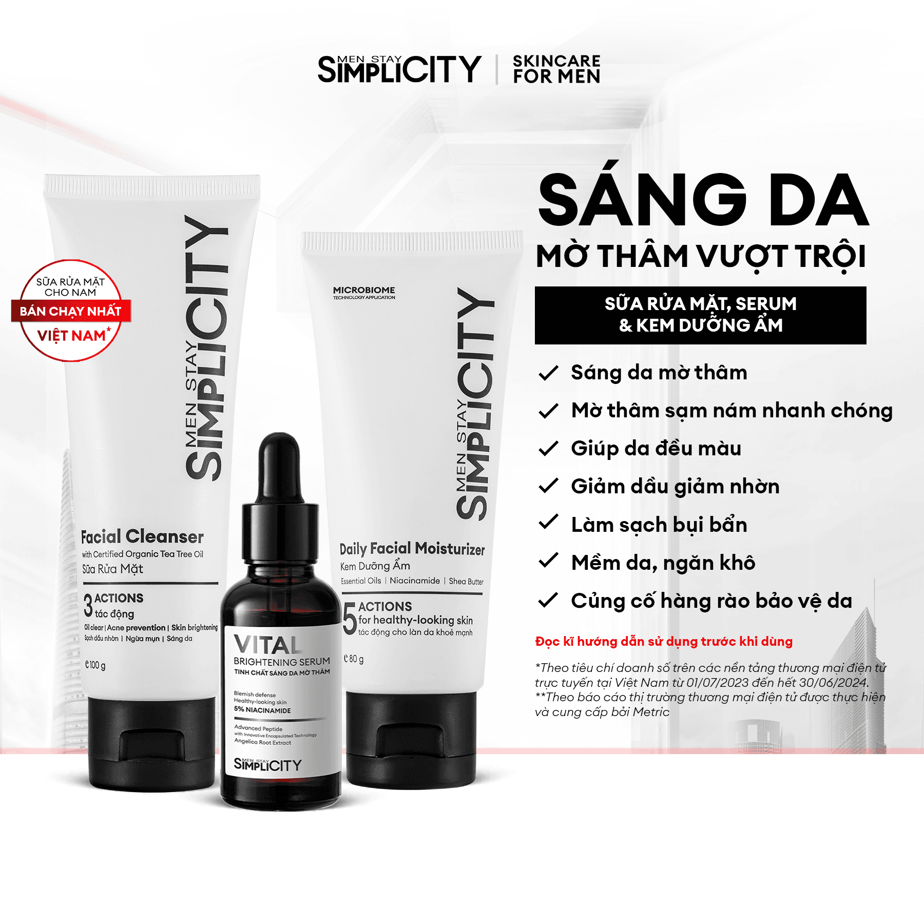 Bộ sản phẩm Men Stay Simplicity sáng da, mờ thâm cho nam Sữa rửa mặt 100g  Vital Serum sáng da 30ml  Kem dưỡng ẩm 80g