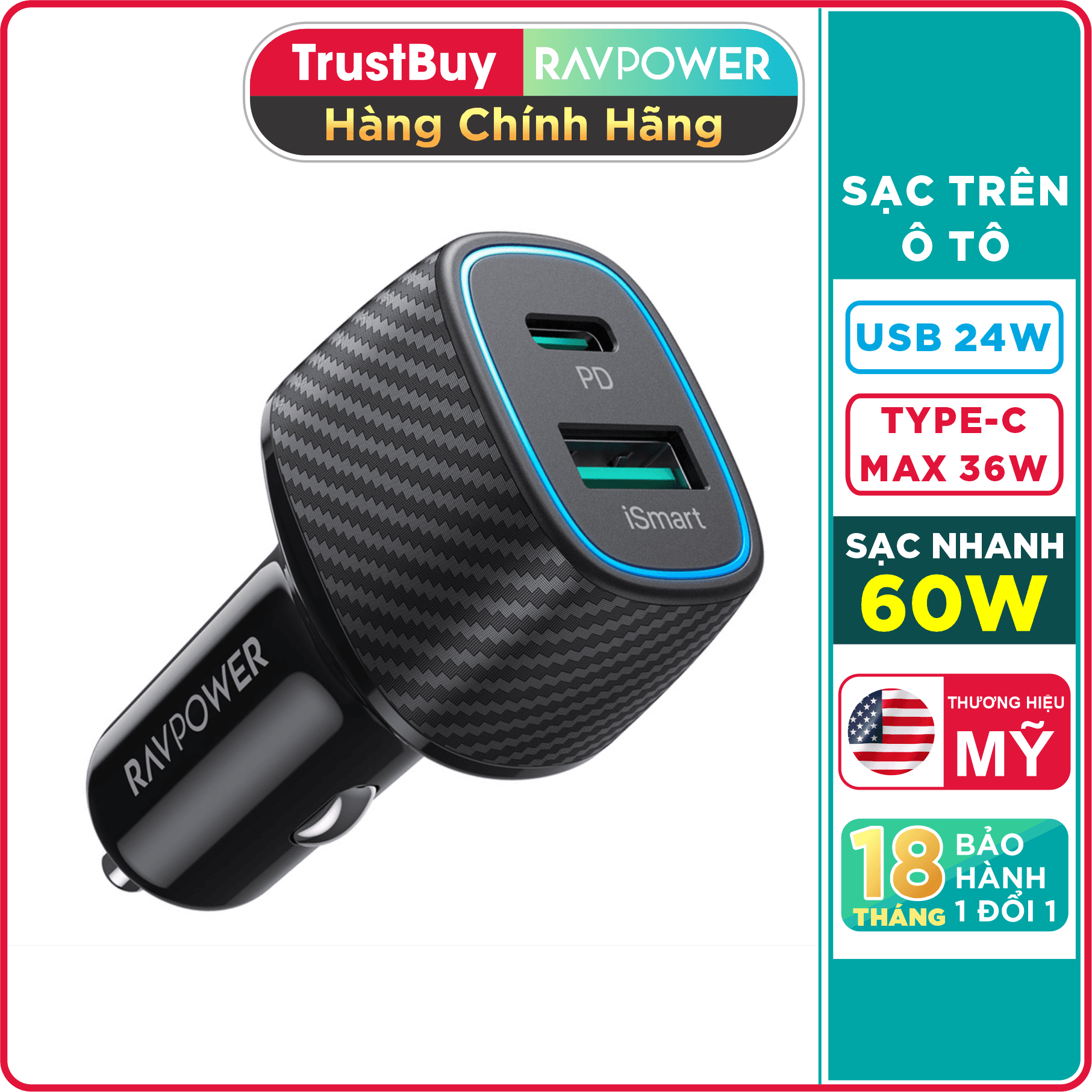 Củ Sạc Tẩu Sạc Ô Tô Tổng 60W 1 Cổng Type C 36W Và 1 Cổng USB QC 3.0 24W RAVPower RP-VC009 - Hàng Chính Hãng - Màu đen
