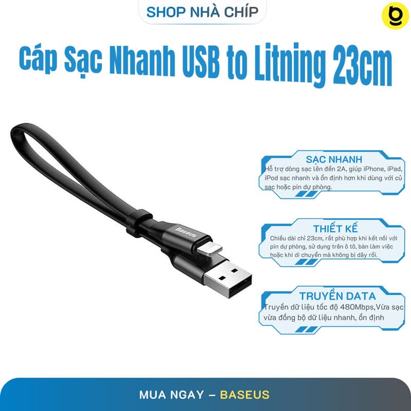 Cáp sạc ngắn cho iPhoneiPadiPod Baseus Nimble 2A 23cm - Hàng Chính Hãng - Black