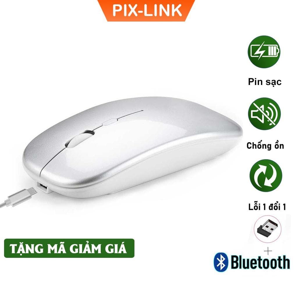 Chuột Bluetooth Không Dây PIX-LINK  P90A Wireless USB Tự Sạc Pin Siêu Mỏng, Chống Ồn - Hàng Chính Hãng - M90-Bạc