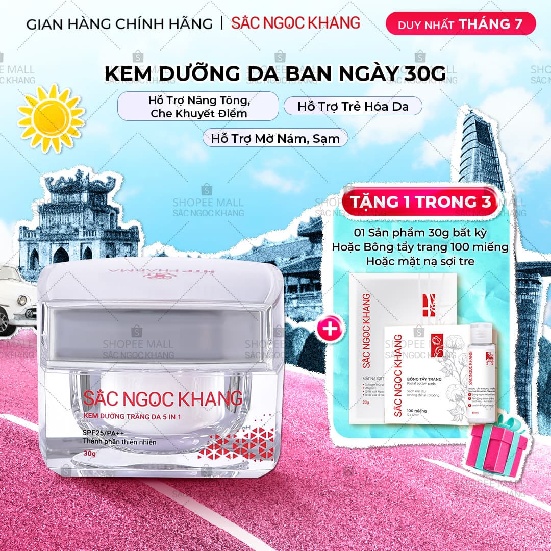 Kem dưỡng  da Sắc Ngọc Khang 5 trong 1 ban ngày 30g giúp nuôi dưỡng làn da sáng khỏe, mờ thâm nám ngăn ngừa lão hóa