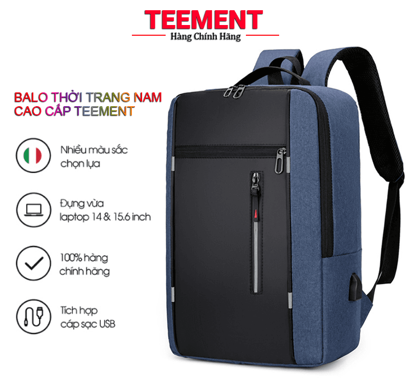 Balo Thời Trang Nam Cao Cấp Tement, Cá Tính, Phong Cách Độc Đáo, Tiện Lợi, Chất Liệu Vải Cao Cấp Chống Thấm, Chống Xước, Đựng Vừa Laptop 15,6 Inch - Hàng Chính Hãng - Màu Xanh Đen