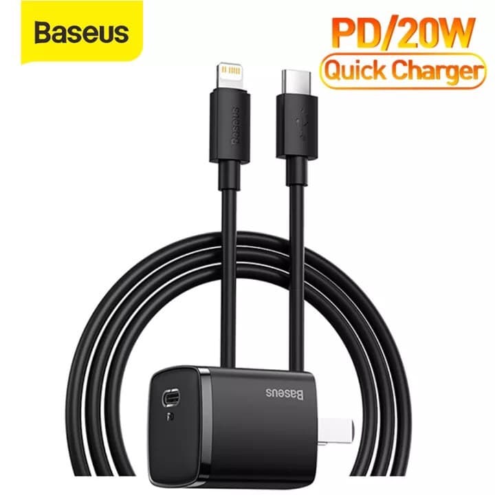 Sạc Nhanh Baseus 20W USB C Hỗ Trợ Sạc Nhanh Type C PD Cho iPhone - Công Nghệ Power Delivery 3.0 QC 3.0 - Hàng Chính Hãng - Combo Củ Cáp Đen
