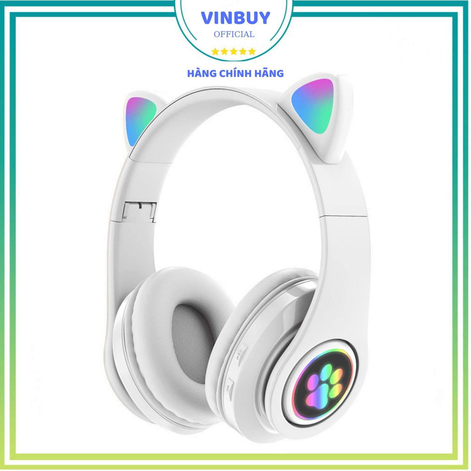 Tai Nghe Bluetooth Tai Mèo Phát Sáng VinBuy, Tai Nghe Không Dây, Tai Nghe Chụp Tai, Tai Nghe Mèo Có Mic, Đèn LED Và Âm Bass Mạnh Mẽ - Chính Hãng - Trắng