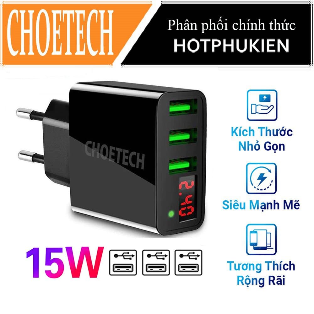 Đen - Cóc củ sạc nhanh 15W3 cổng USB hiệu CHOETECH C0026cho điện thoại  máy tính bảng Samsung iPhone Huawei Oppo Xiaomi sạc nhanh 2.4A  Port, 3Port USB, Max 3A, trang bịLED hiển thị - Hàng chính hãng