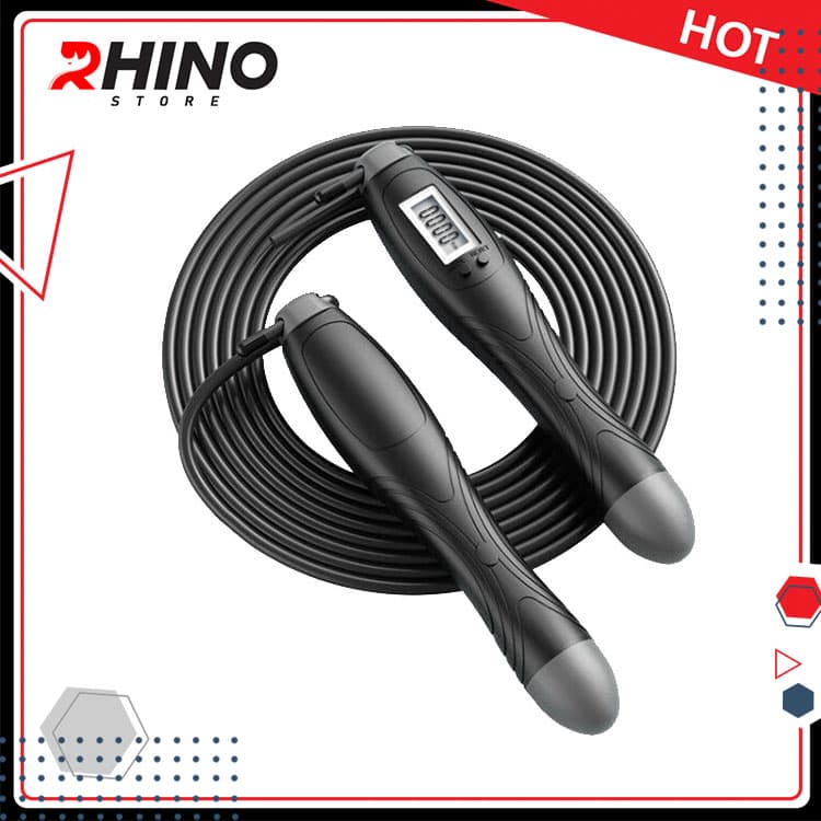 Dây nhảy thể thao lõi thép cao cấp Rhino J101 tự động đếm số, tích hợp đo calo, quãng đường - Dùng cho Muay  Boxing  Kickboxing - Hàng chính hãng - Đen - Dây thép 2.8m
